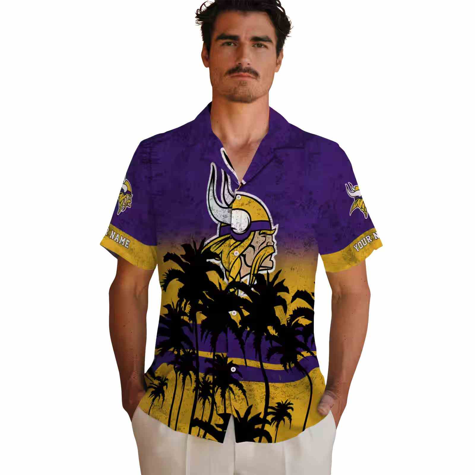 personalized minnesota vikings sunset pattern purple black hawaiian shirt fashion forward