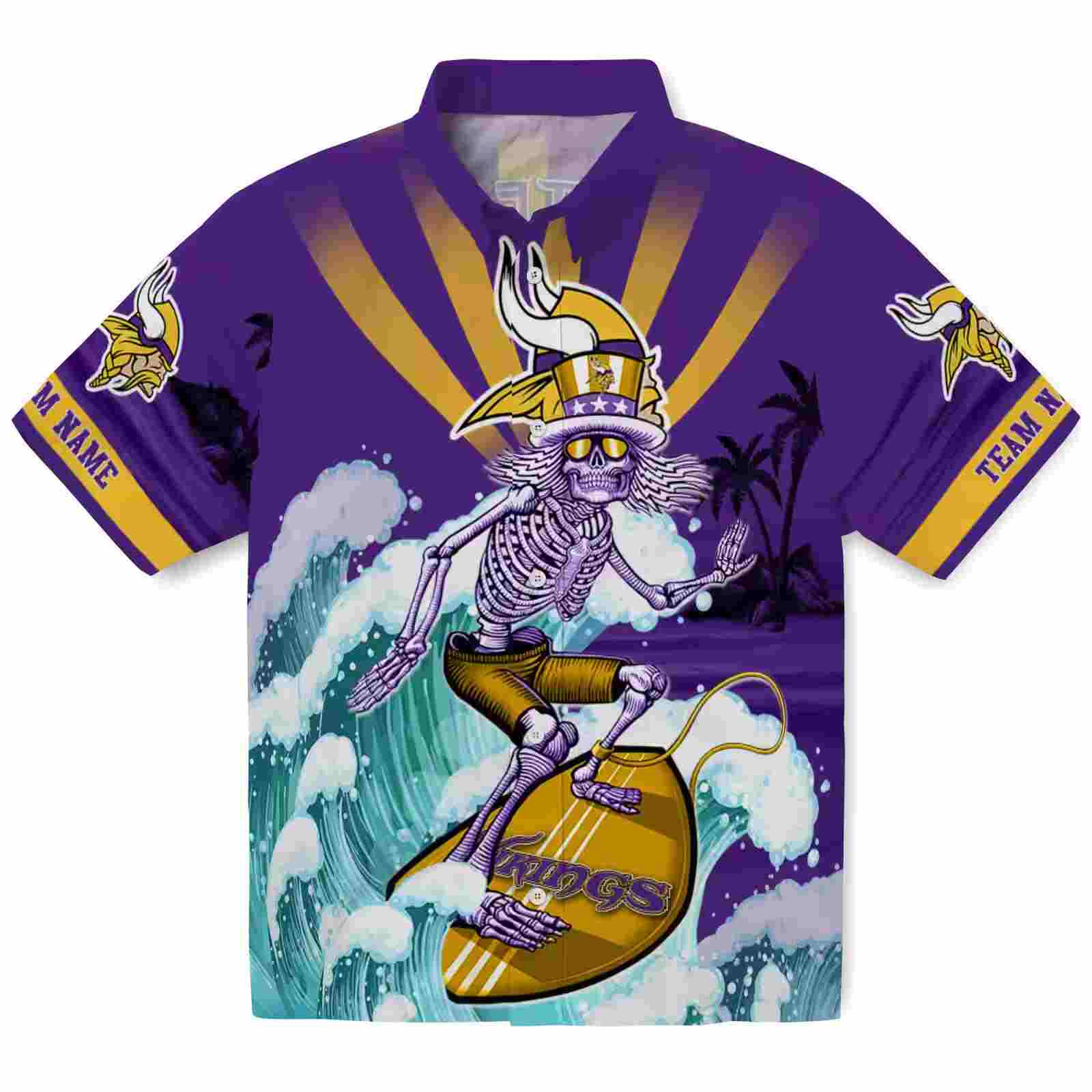 Personalized Minnesota Vikings Surfing Skeleton Purple Blue Hawaiian Shirt