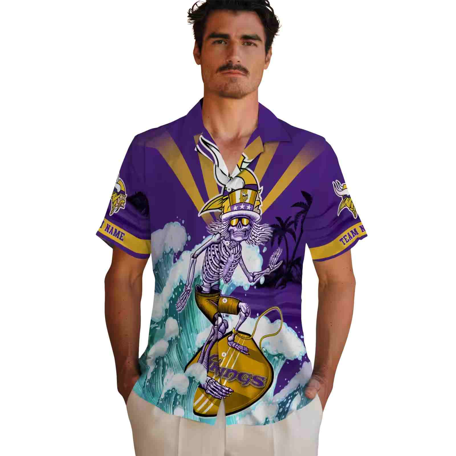 personalized minnesota vikings surfing skeleton purple blue hawaiian shirt fashion forward