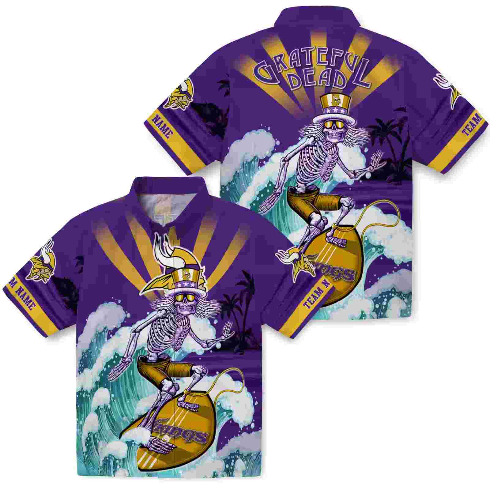 personalized minnesota vikings surfing skeleton purple blue hawaiian shirt high quality