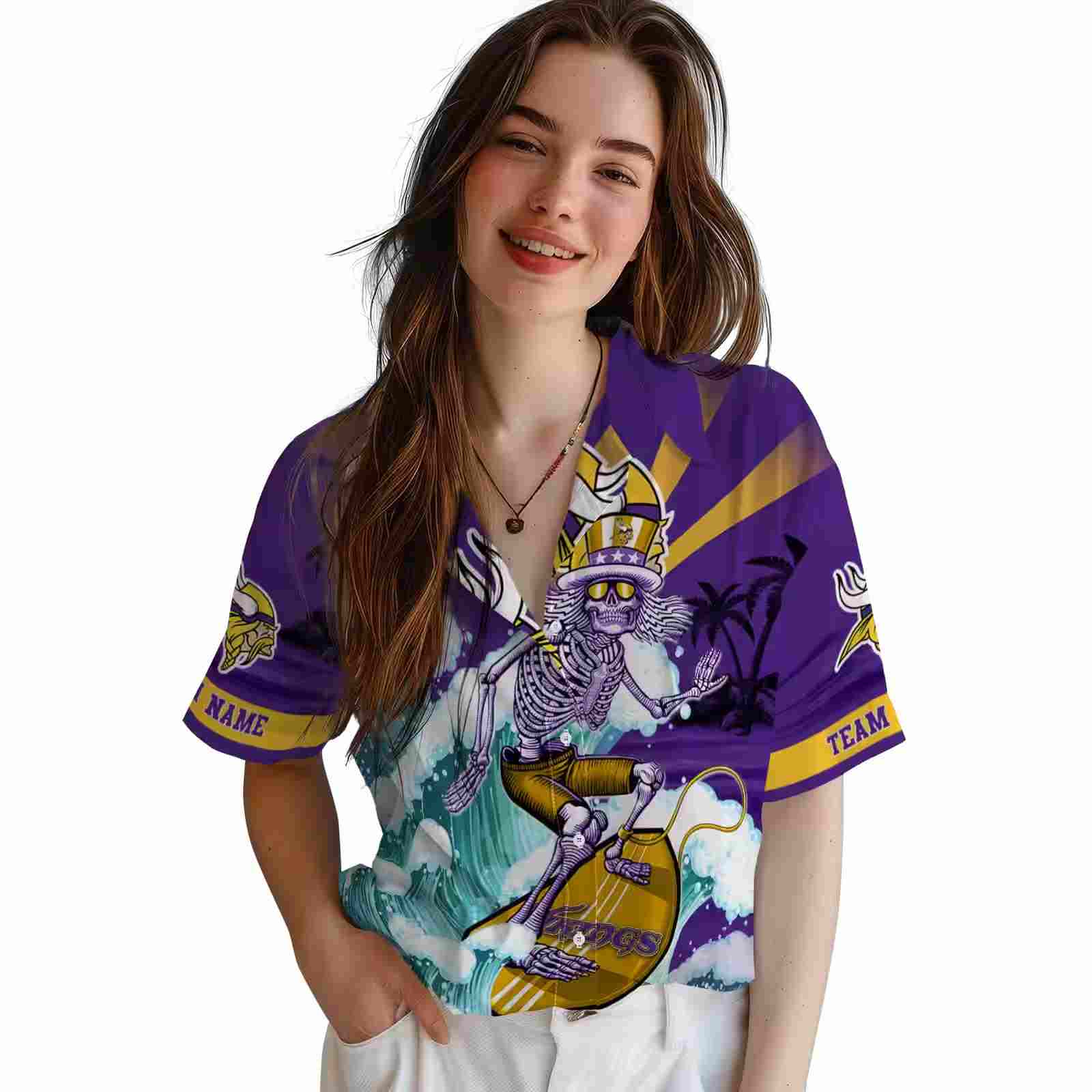 personalized minnesota vikings surfing skeleton purple blue hawaiian shirt latest model