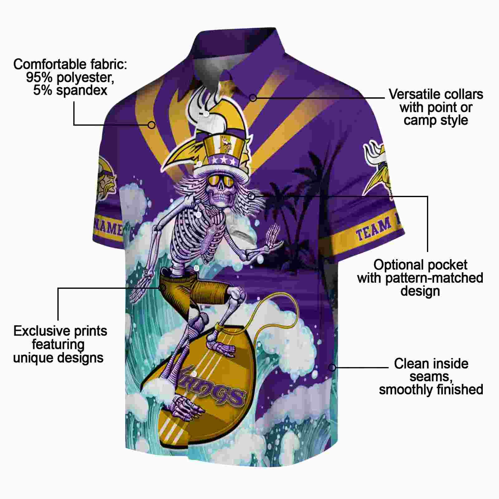 personalized minnesota vikings surfing skeleton purple blue hawaiian shirt new arrival