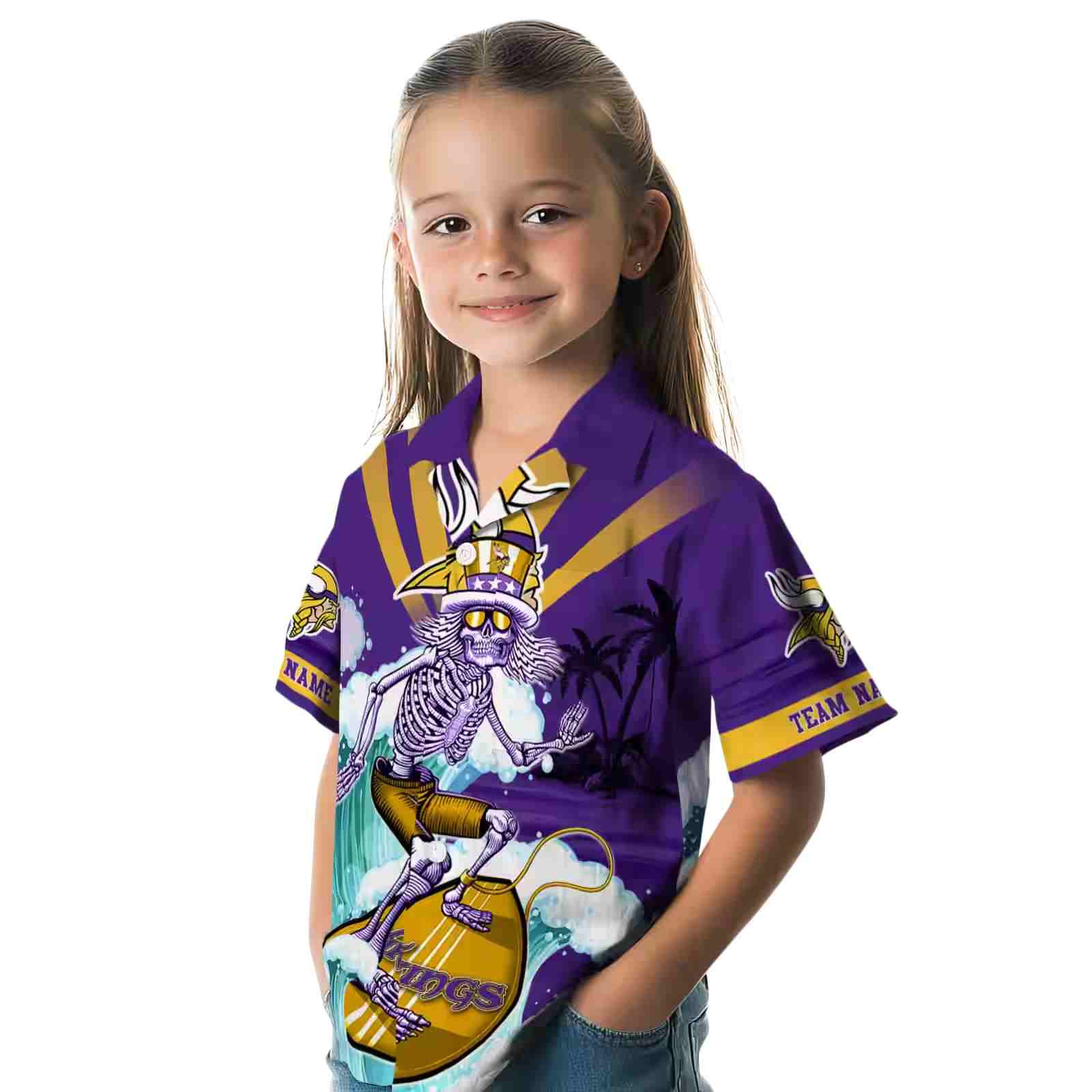 personalized minnesota vikings surfing skeleton purple blue hawaiian shirt premium grade