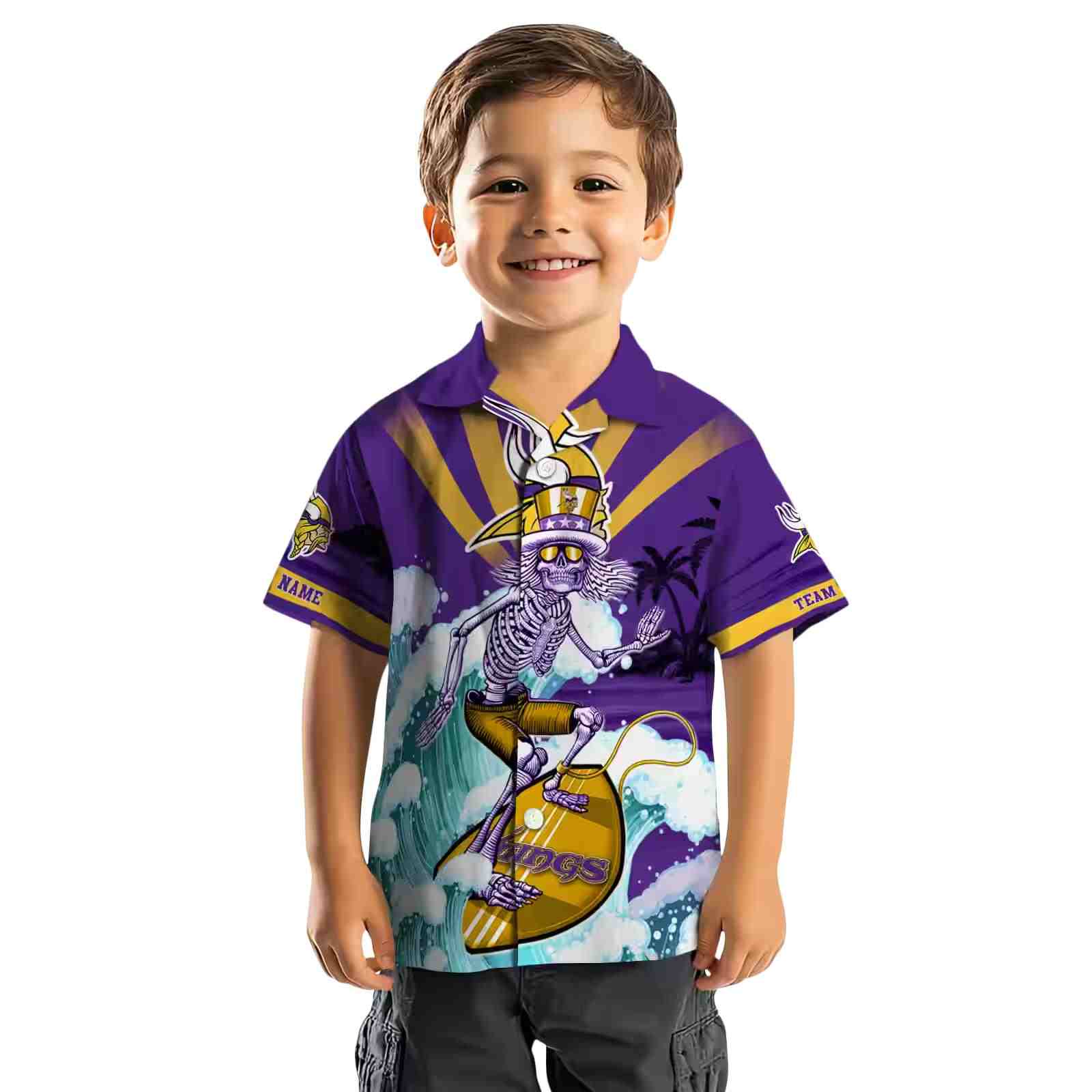 personalized minnesota vikings surfing skeleton purple blue hawaiian shirt top rated