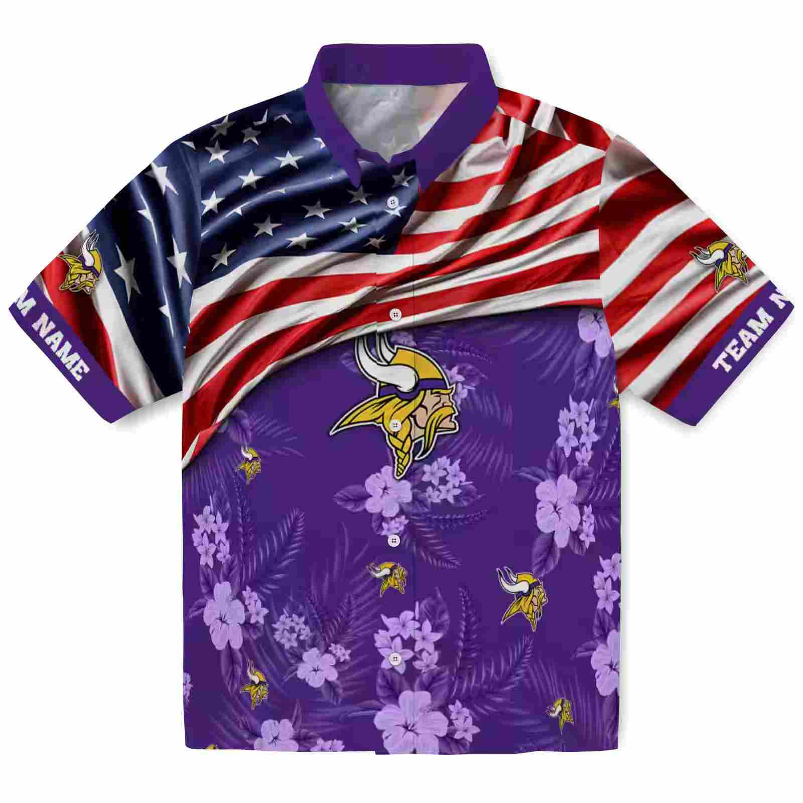 Personalized Minnesota Vikings US Flag Hibiscus Purple Hawaiian Shirt