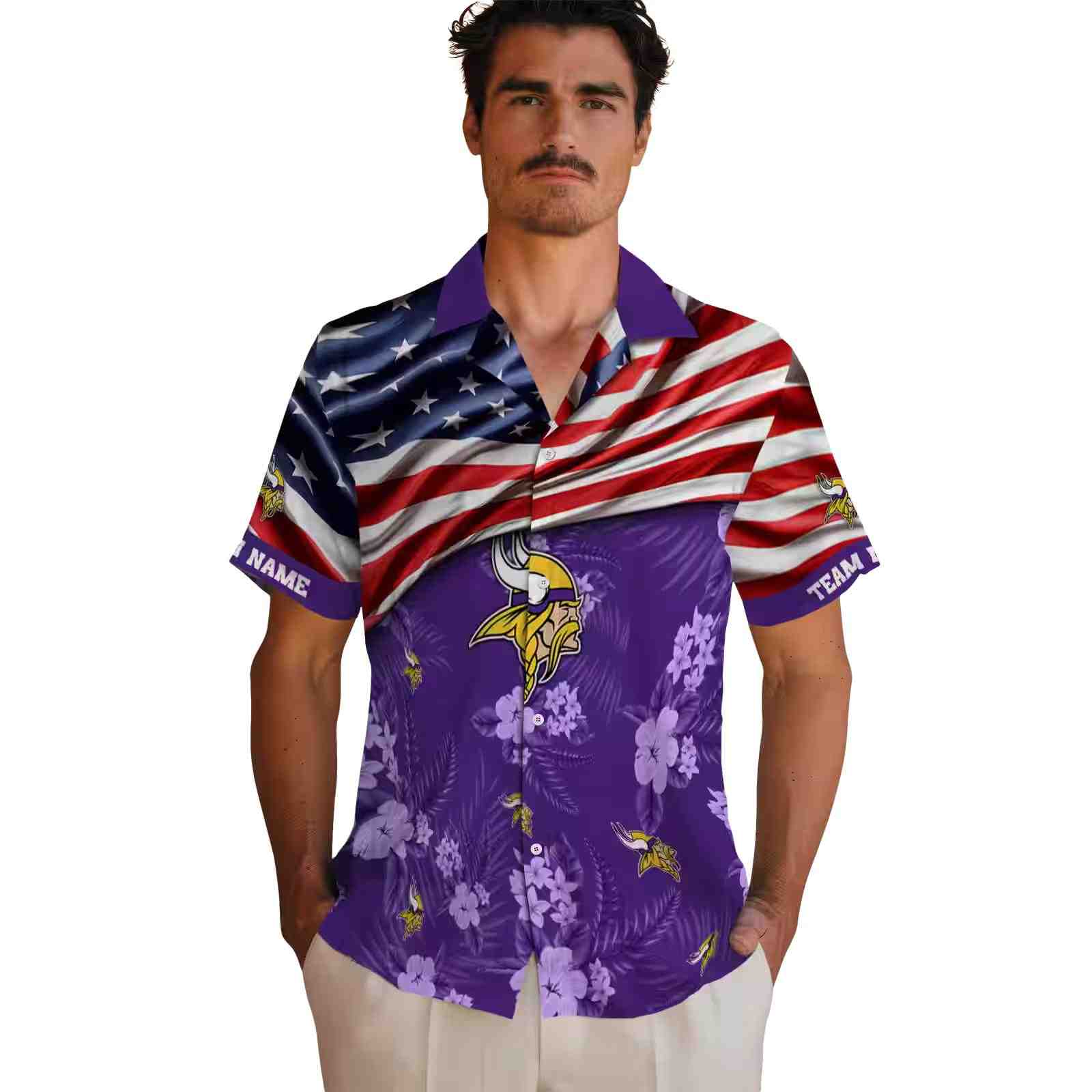 personalized minnesota vikings us flag hibiscus purple hawaiian shirt fashion forward