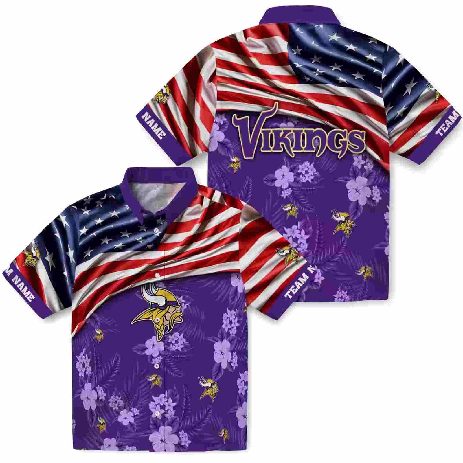 personalized minnesota vikings us flag hibiscus purple hawaiian shirt high quality