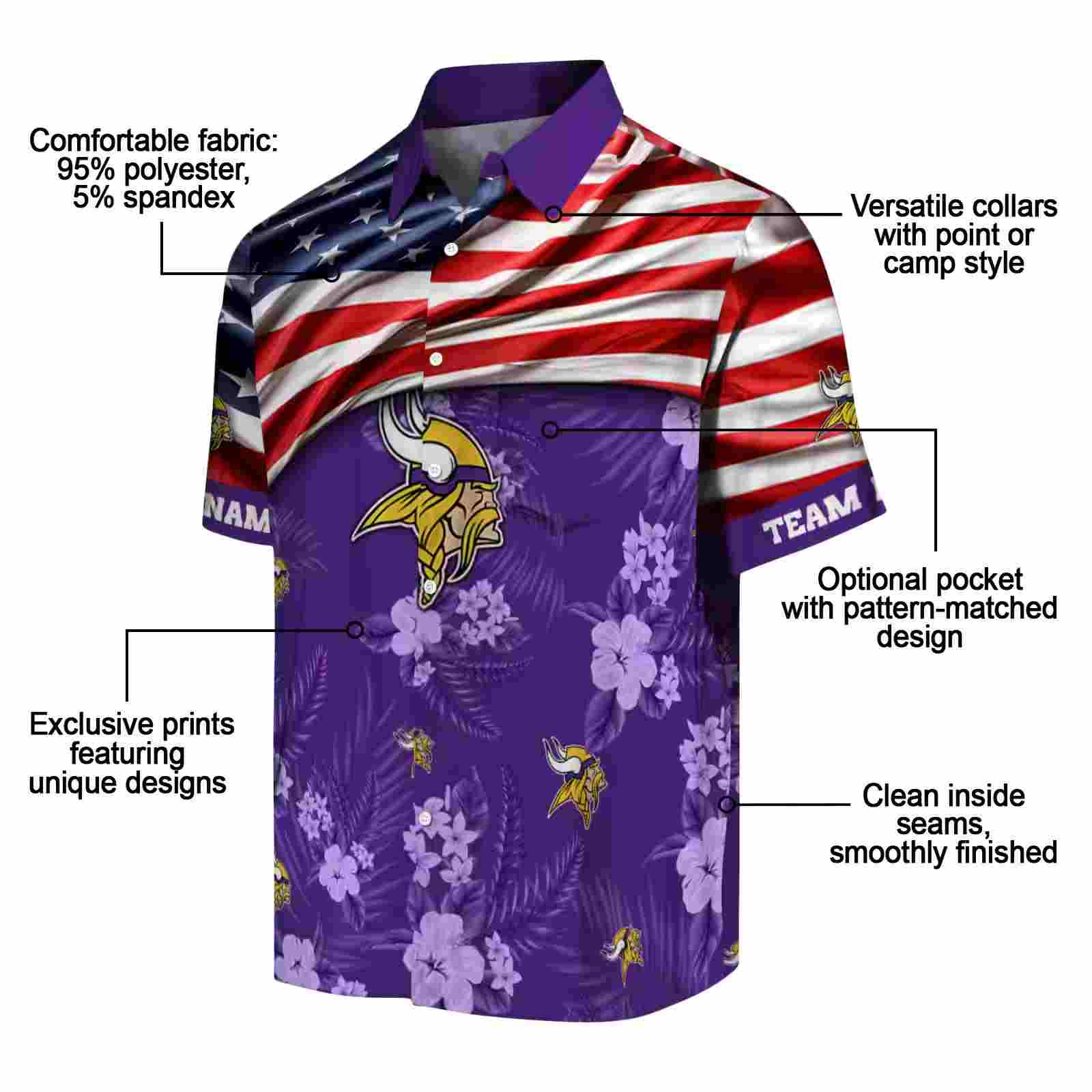 personalized minnesota vikings us flag hibiscus purple hawaiian shirt new arrival