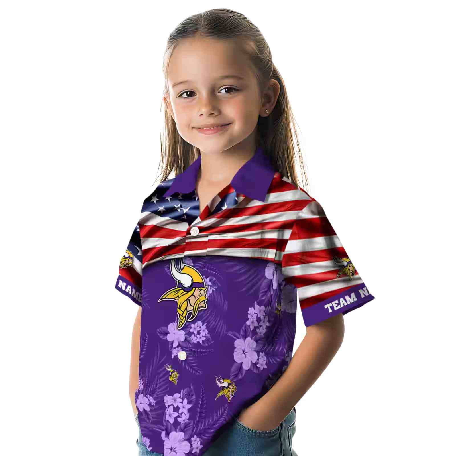 personalized minnesota vikings us flag hibiscus purple hawaiian shirt premium grade