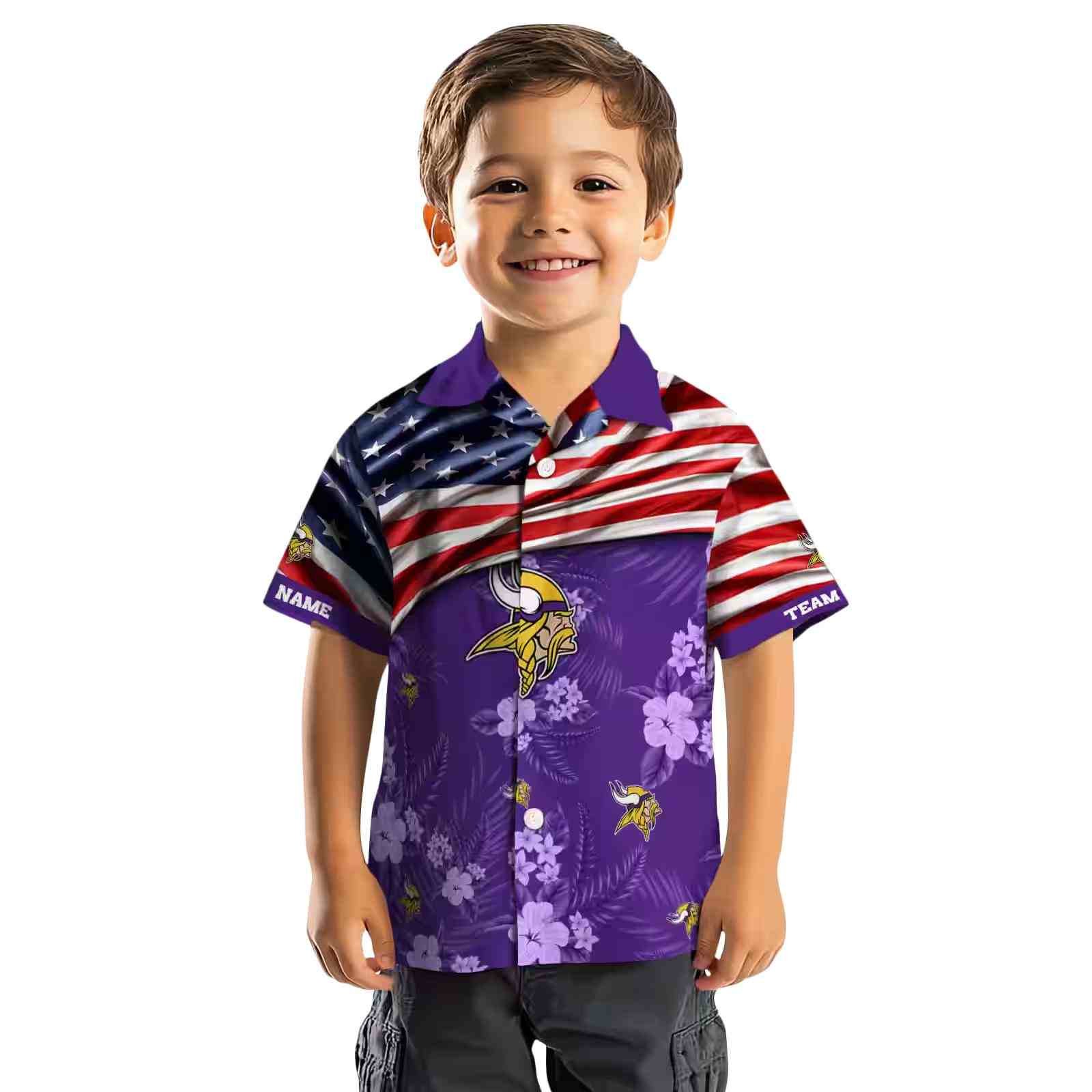 personalized minnesota vikings us flag hibiscus purple hawaiian shirt top rated