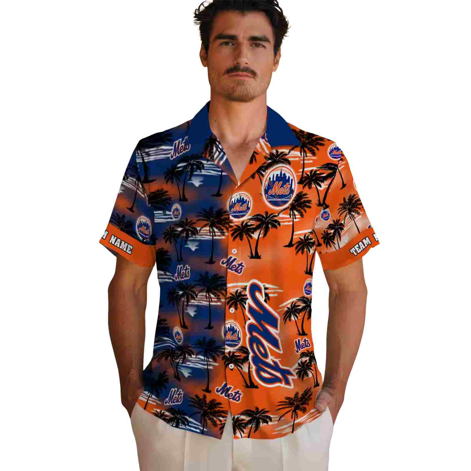 personalized new york mets palm silhouettes blue hawaiian shirt fashion forward