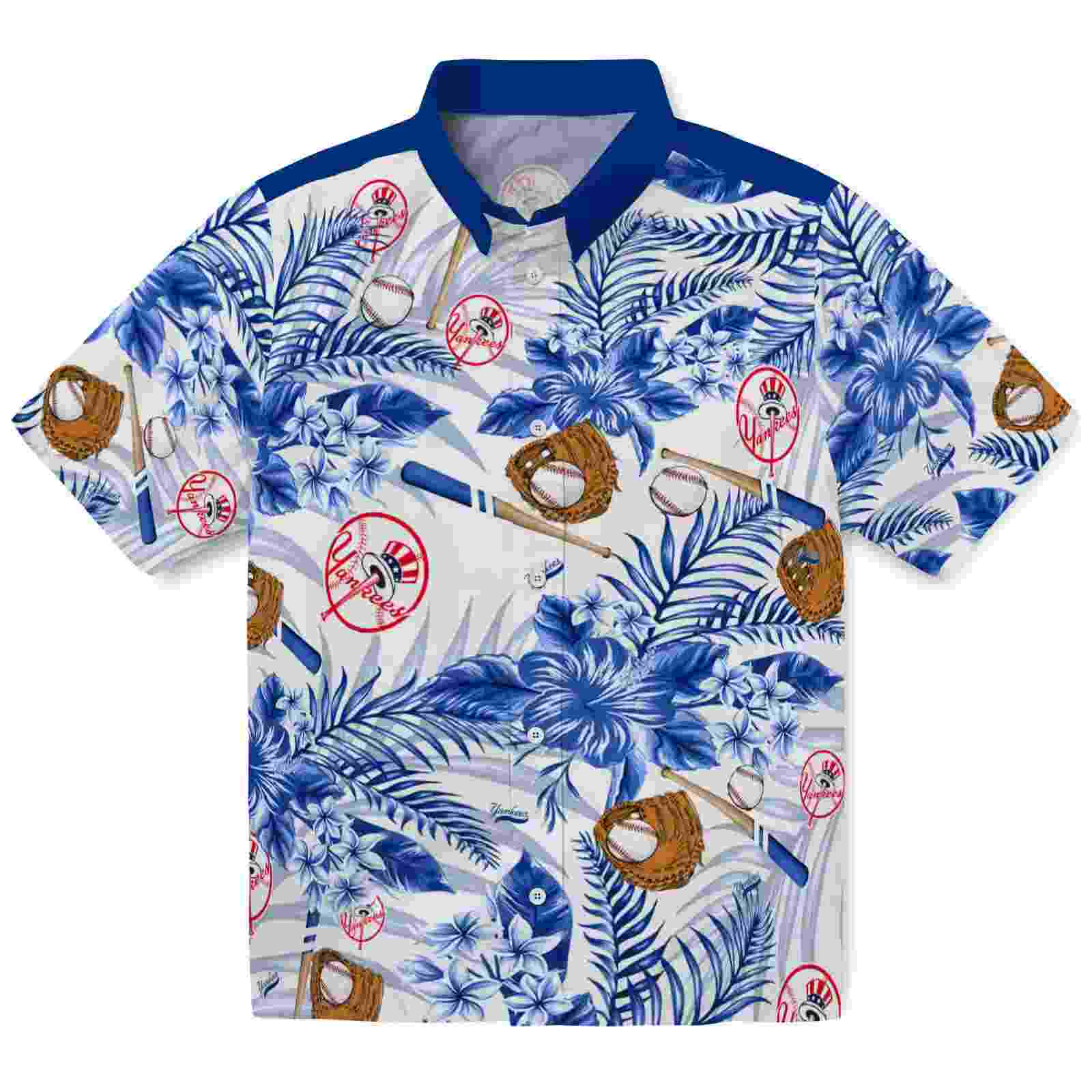 Personalized New York Yankees Floral Baseball Navy White Hawaiian Shirt