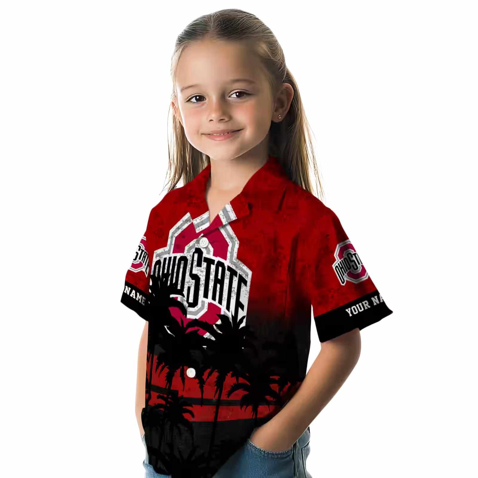 personalized ohio state buckeyes sunset pattern scarlet black hawaiian shirt premium grade