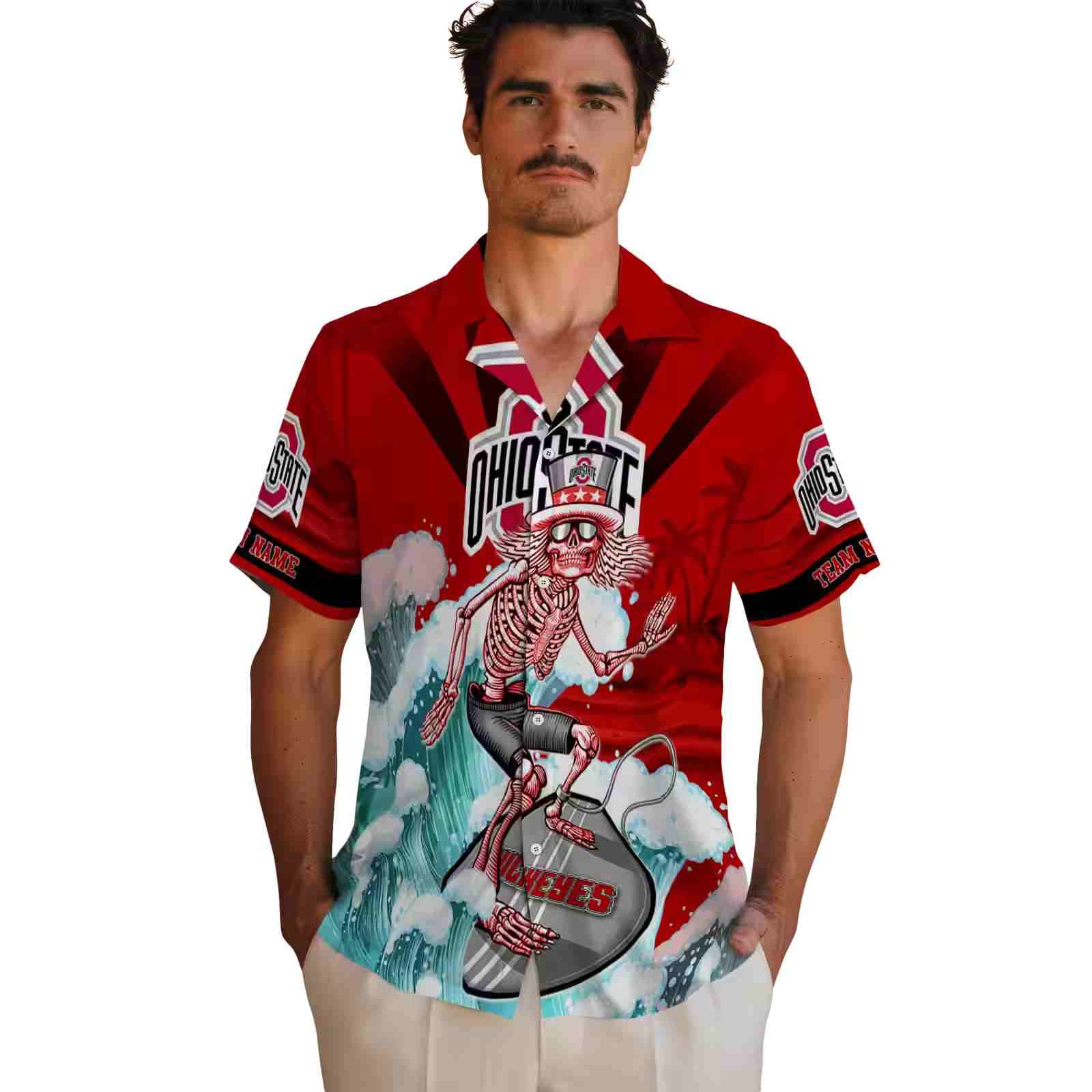 personalized ohio state buckeyes surfing skeleton scarlet blue hawaiian shirt fashion forward