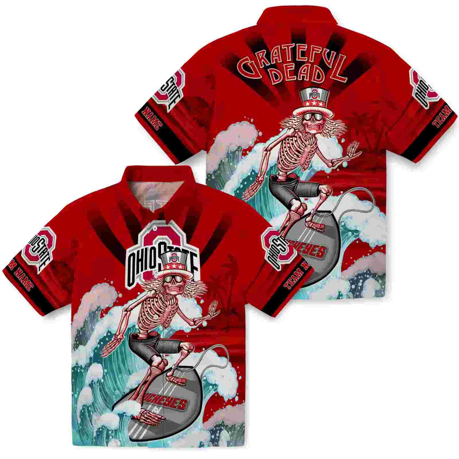 personalized ohio state buckeyes surfing skeleton scarlet blue hawaiian shirt high quality