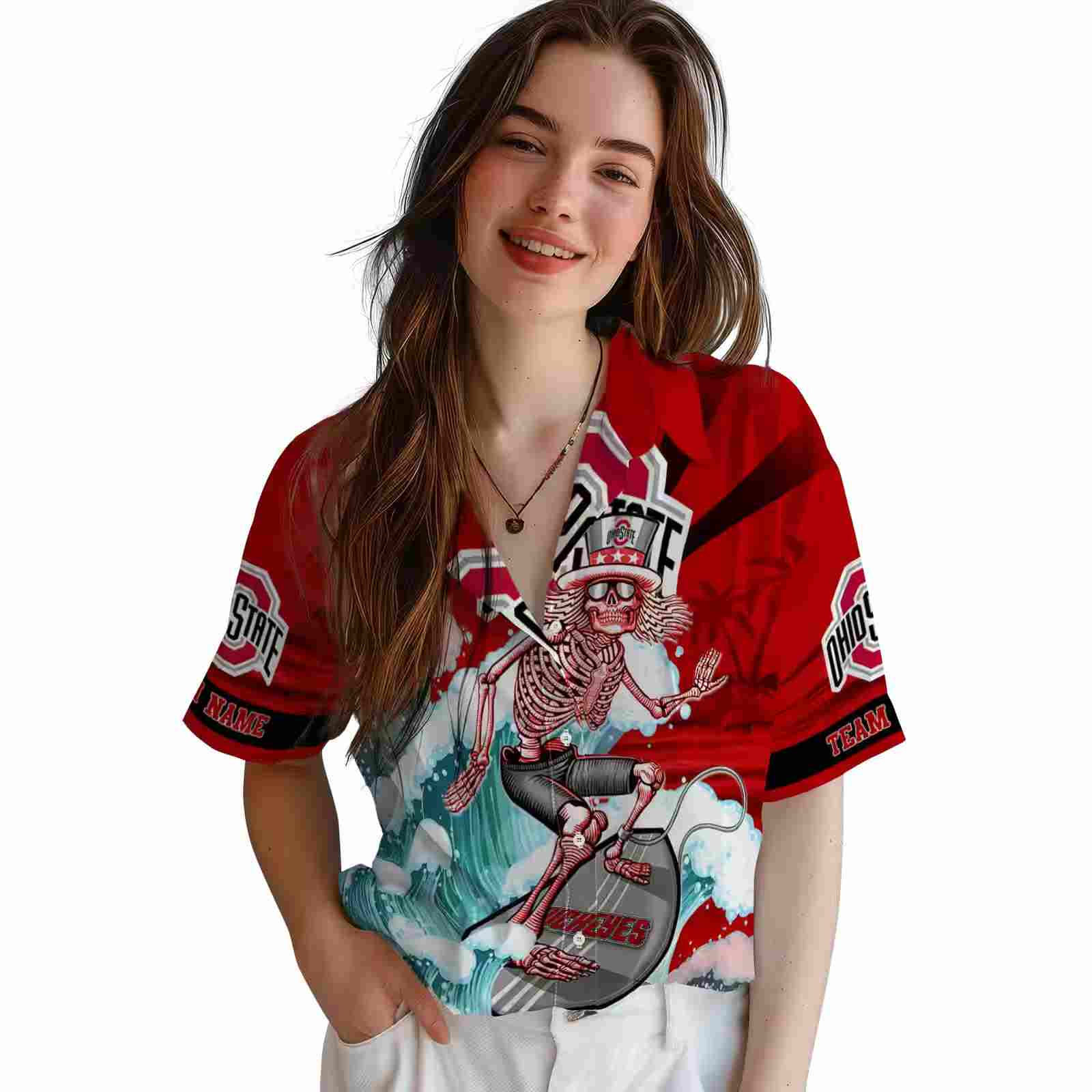 personalized ohio state buckeyes surfing skeleton scarlet blue hawaiian shirt latest model