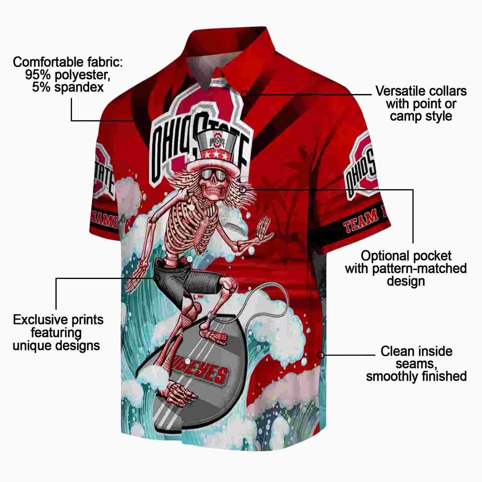 personalized ohio state buckeyes surfing skeleton scarlet blue hawaiian shirt new arrival