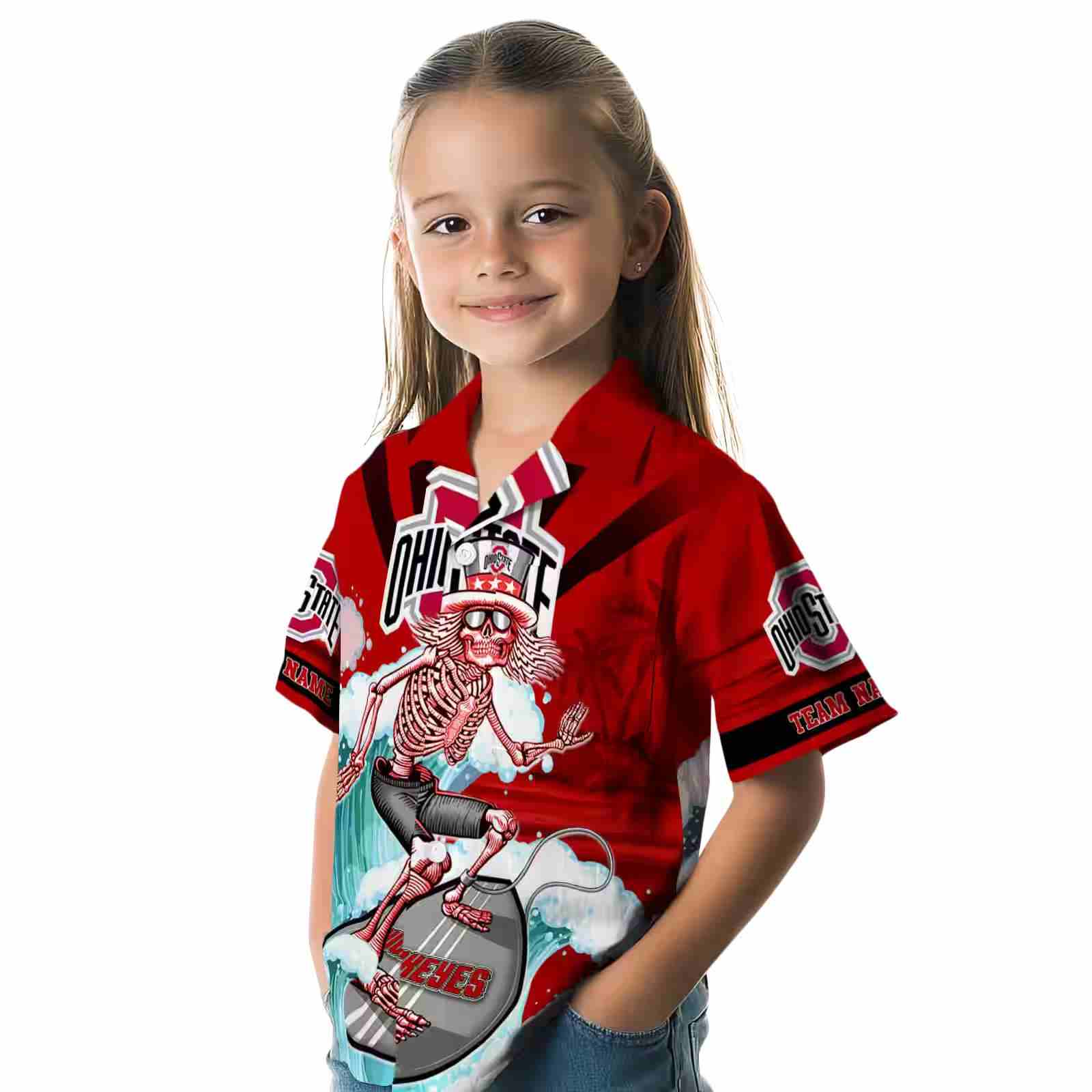 personalized ohio state buckeyes surfing skeleton scarlet blue hawaiian shirt premium grade