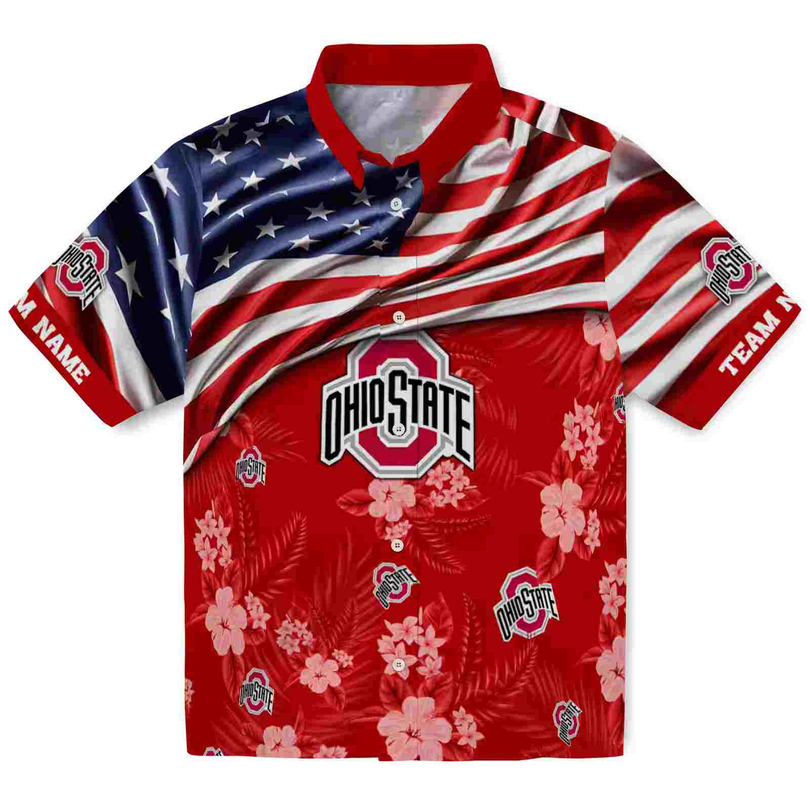 Personalized Ohio State Buckeyes US Flag Hibiscus Scarlet Hawaiian Shirt