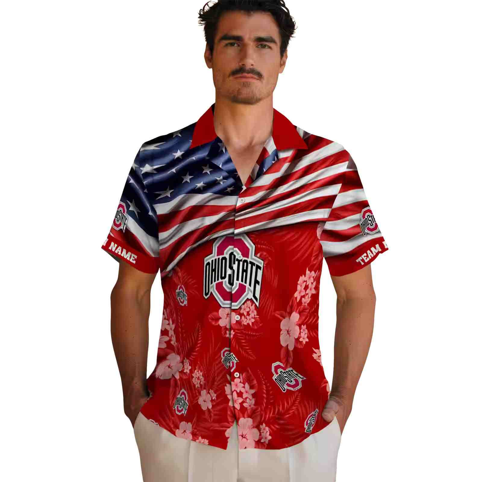 personalized ohio state buckeyes us flag hibiscus scarlet hawaiian shirt fashion forward