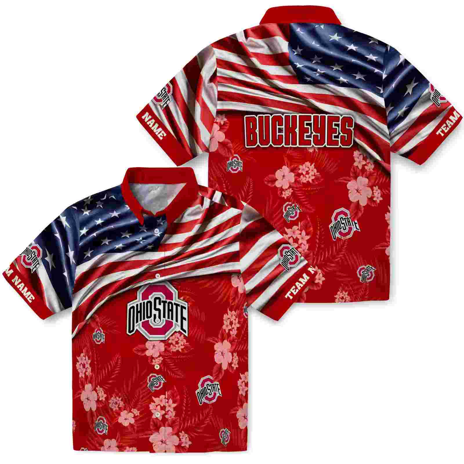 personalized ohio state buckeyes us flag hibiscus scarlet hawaiian shirt high quality