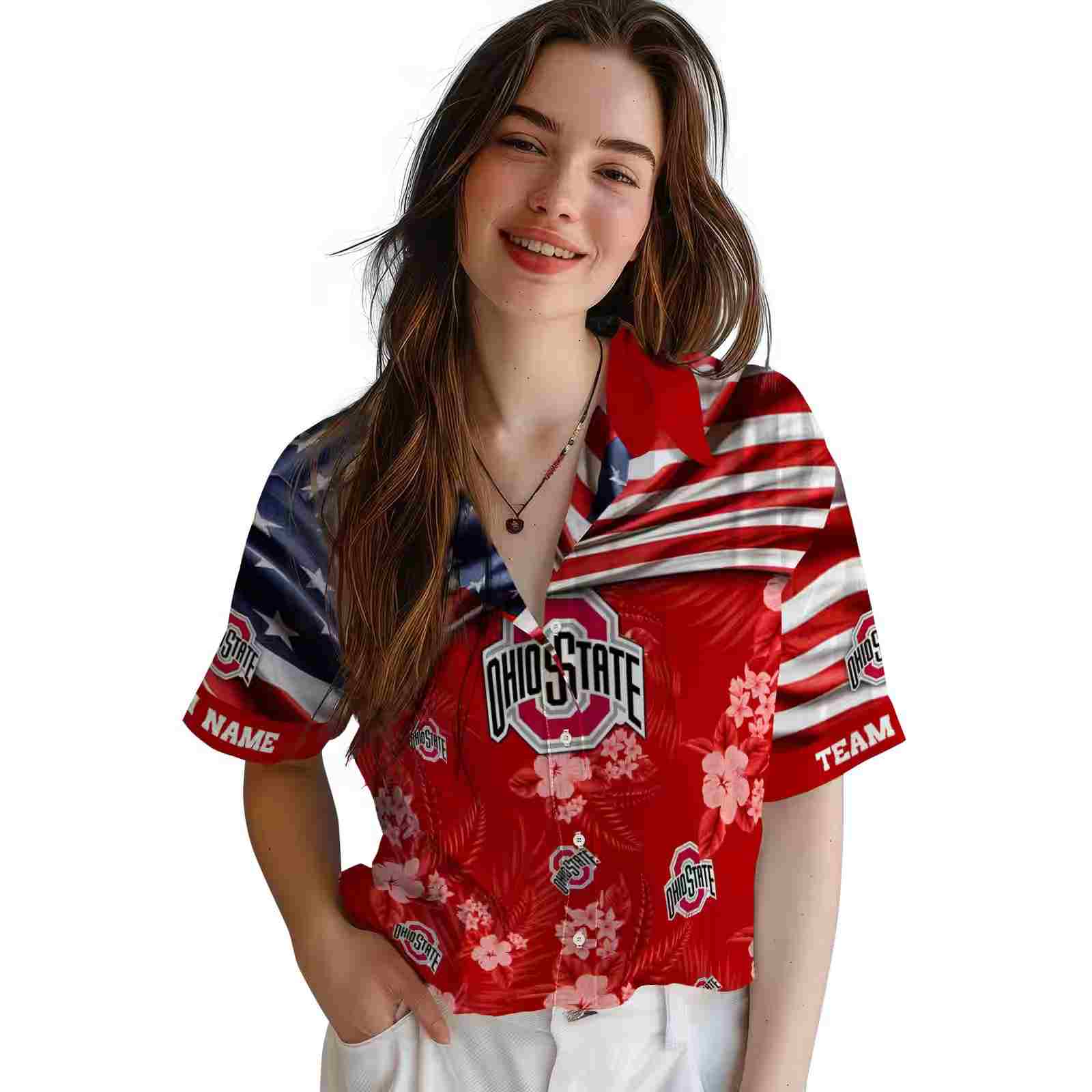 personalized ohio state buckeyes us flag hibiscus scarlet hawaiian shirt latest model