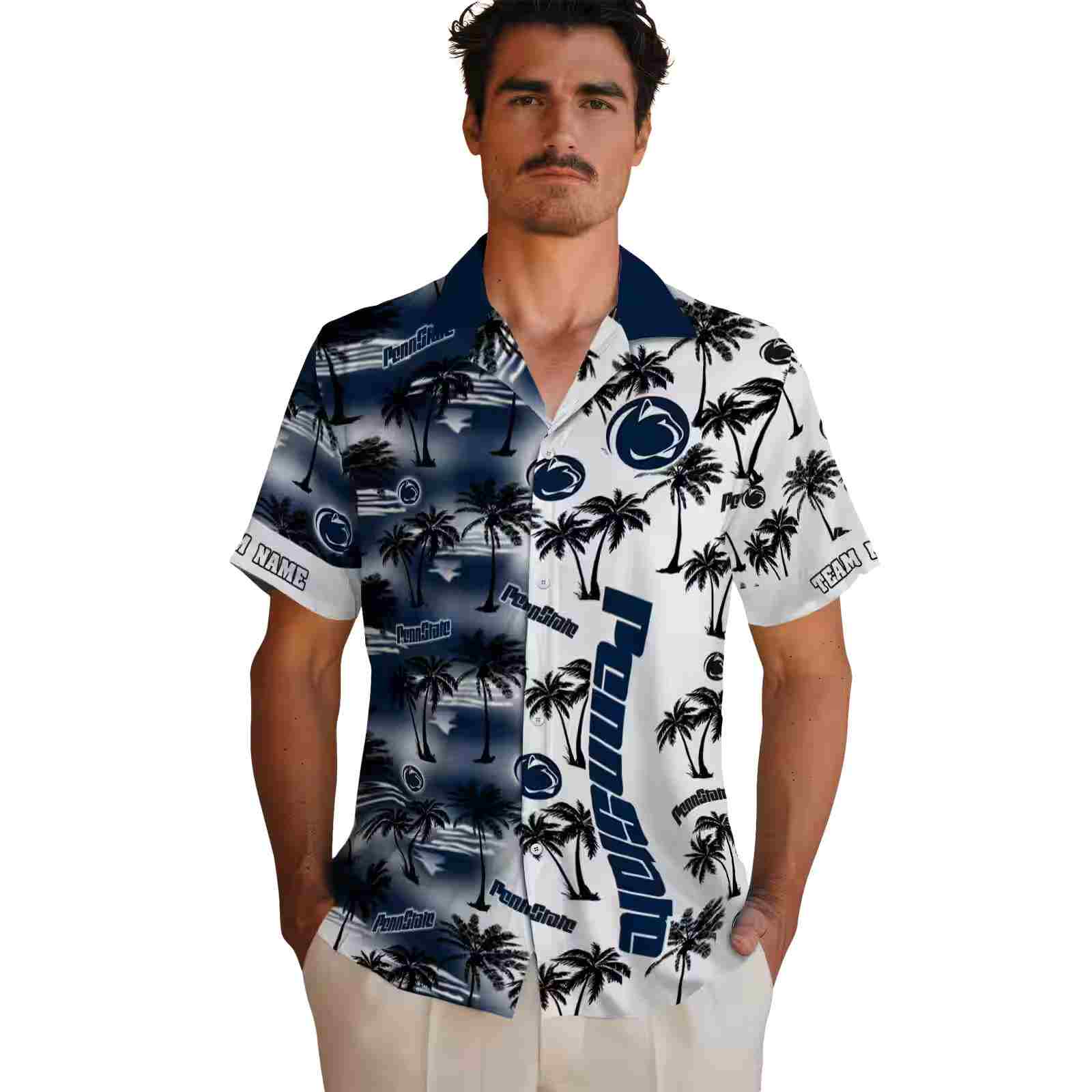 personalized penn state nittany lions palm silhouettes blue hawaiian shirt fashion forward