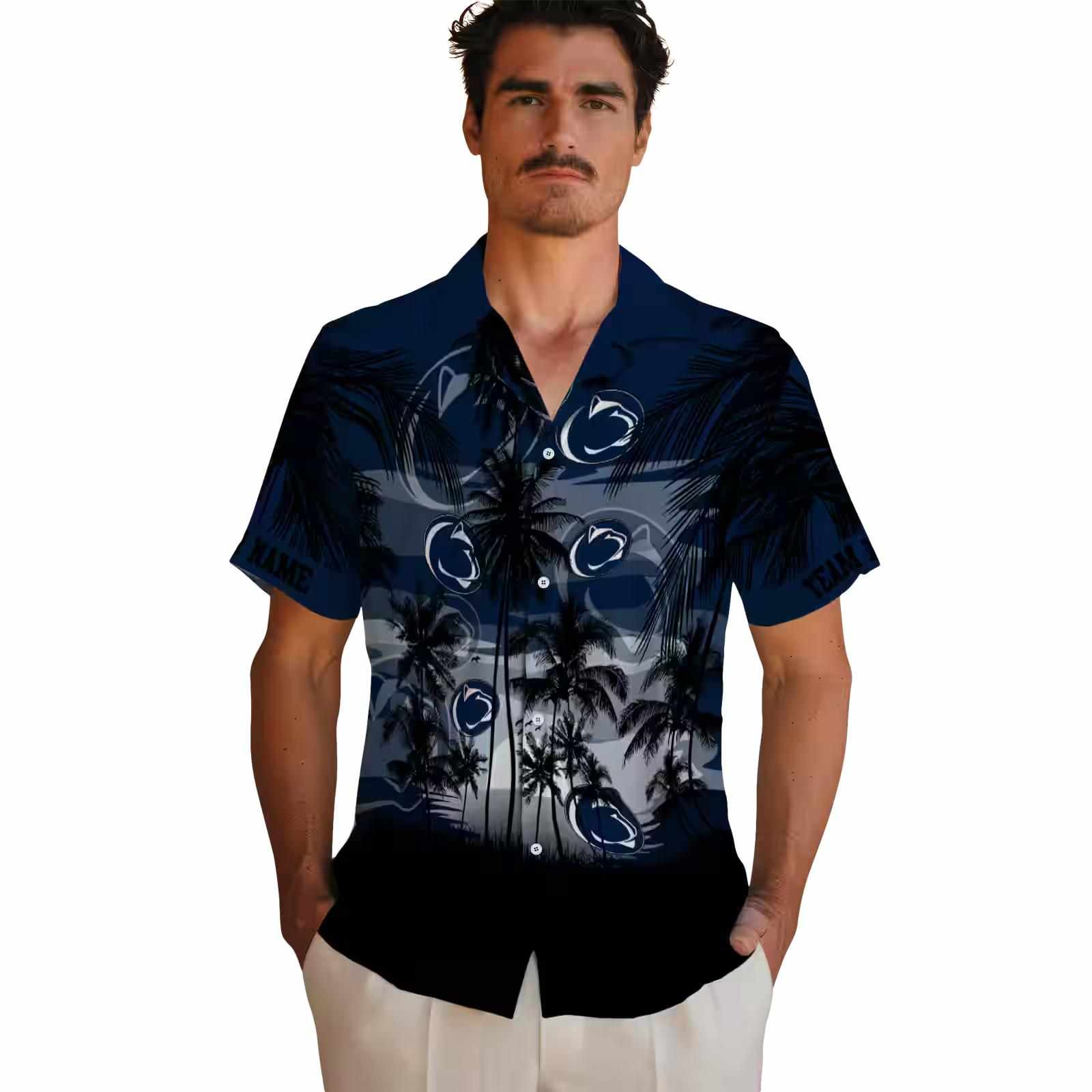 personalized penn state nittany lions sunset scene blue black hawaiian shirt fashion forward