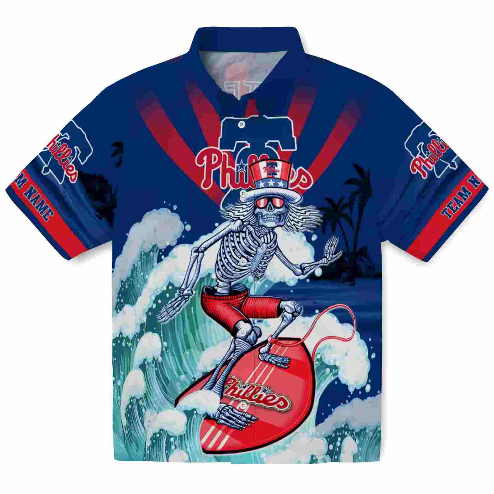 Personalized Philadelphia Phillies Surfing Skeleton Blue Hawaiian Shirt