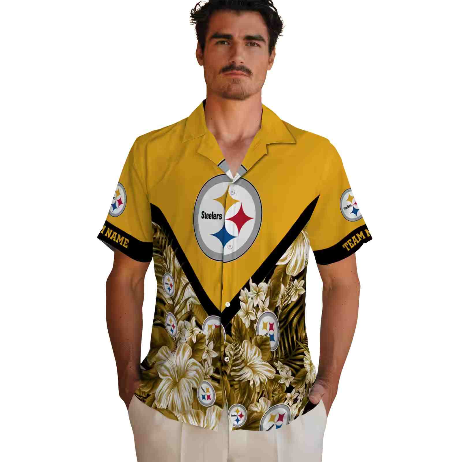 personalized pittsburgh steelers floral chevron gold hawaiian shirt fashion forward