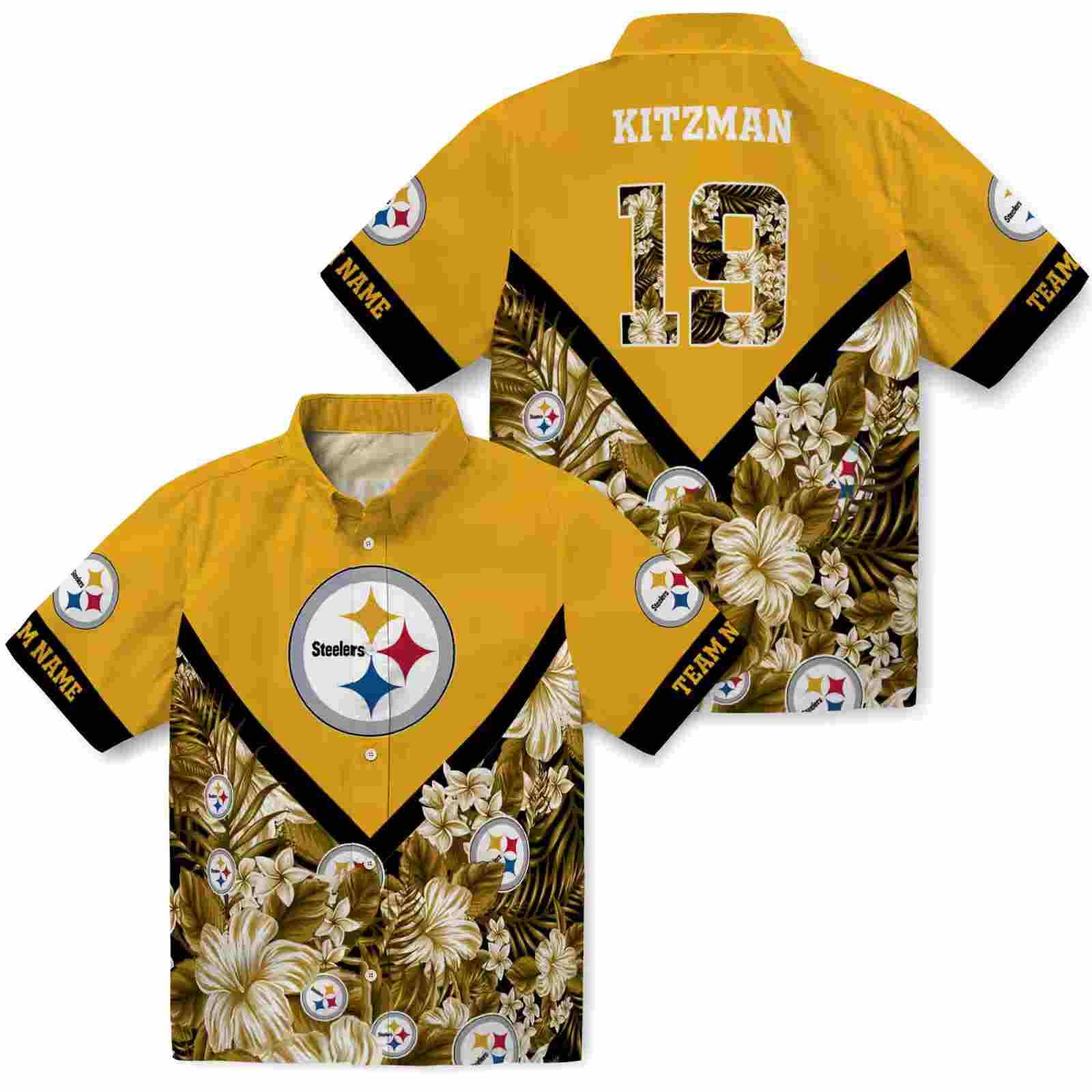 personalized pittsburgh steelers floral chevron gold hawaiian shirt high quality