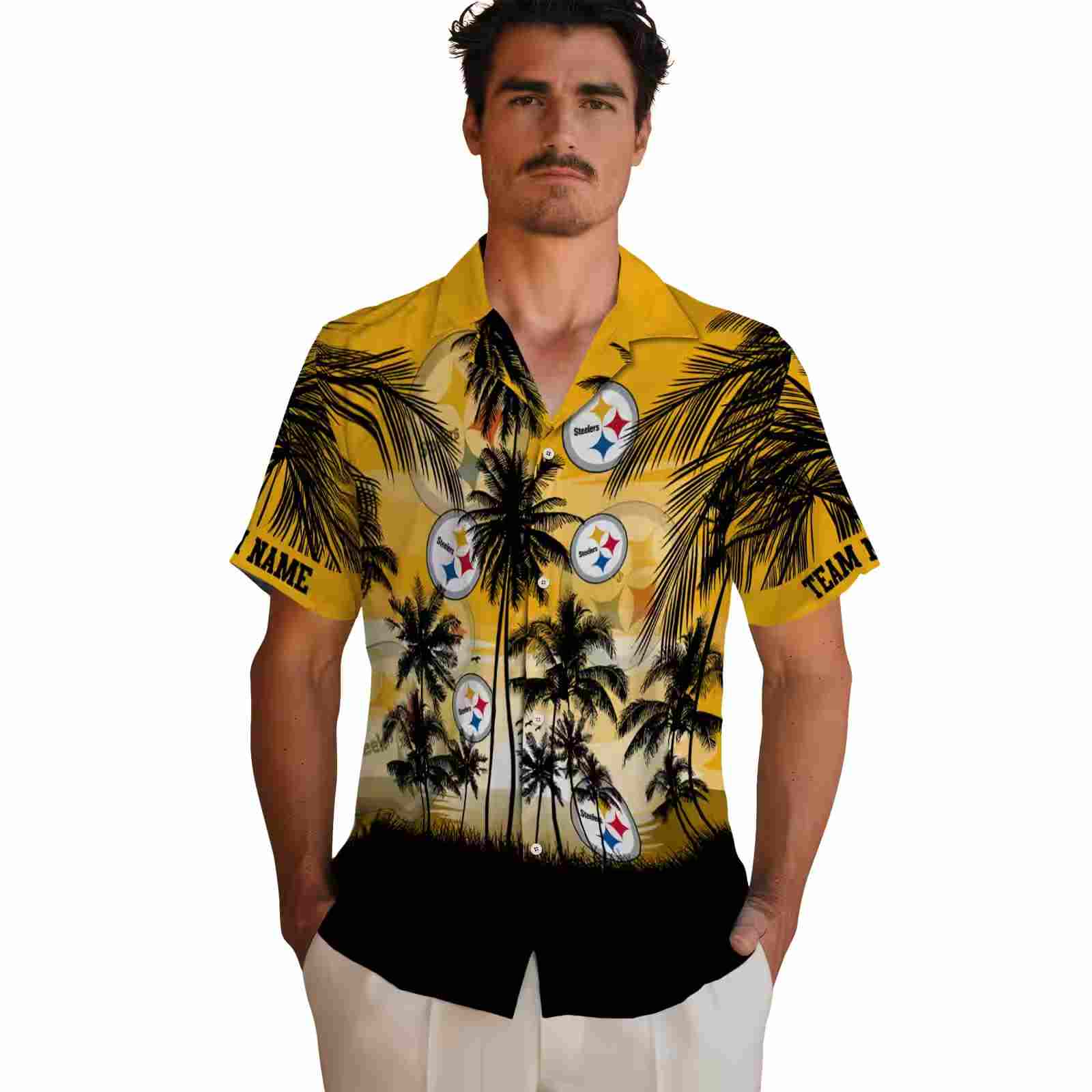 personalized pittsburgh steelers sunset scene gold black hawaiian shirt fashion forward