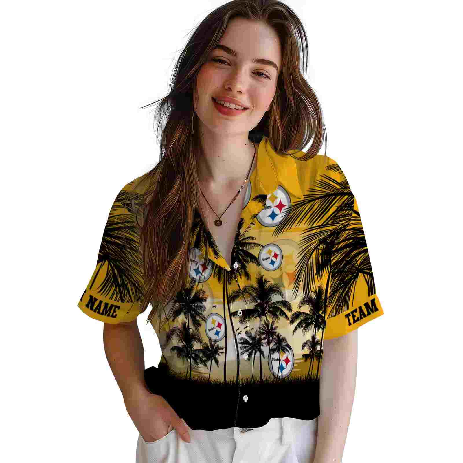 personalized pittsburgh steelers sunset scene gold black hawaiian shirt latest model