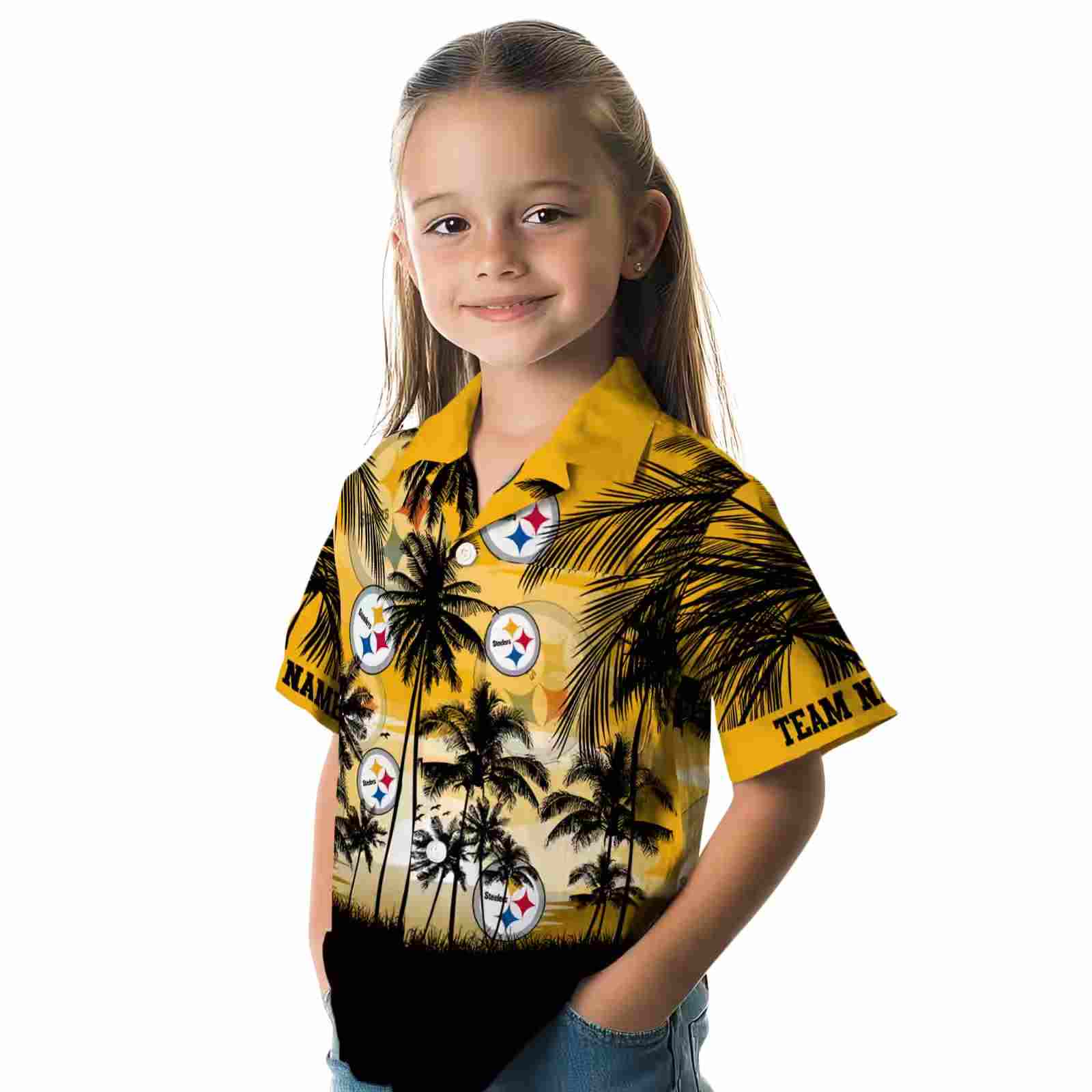 personalized pittsburgh steelers sunset scene gold black hawaiian shirt premium grade