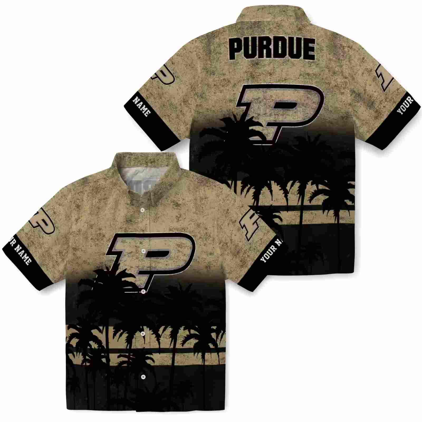 personalized purdue boilermakers sunset pattern gold black hawaiian shirt high quality