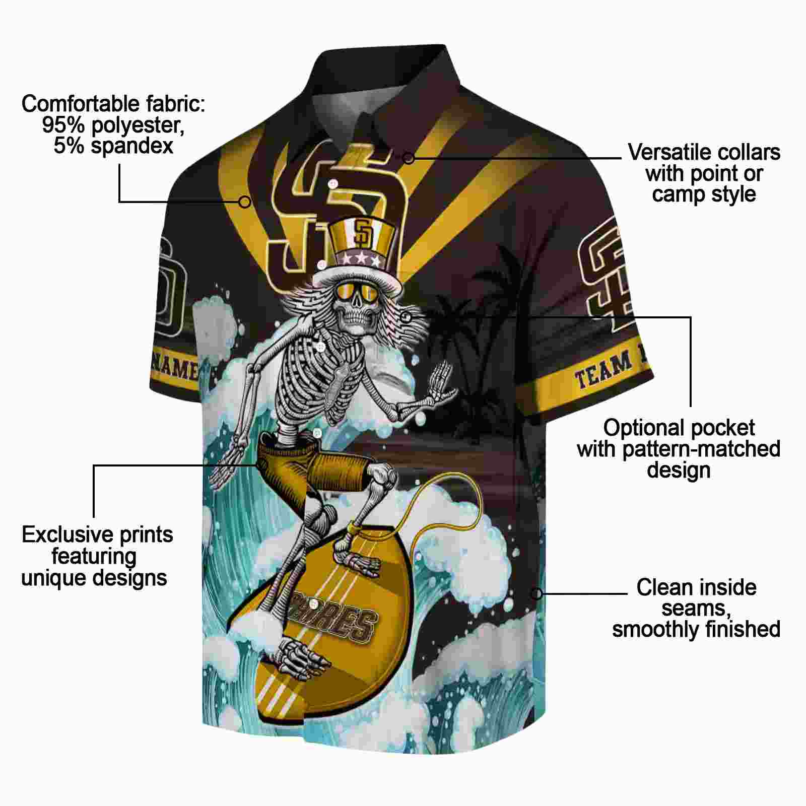 personalized san diego padres surfing skeleton brown blue hawaiian shirt new arrival