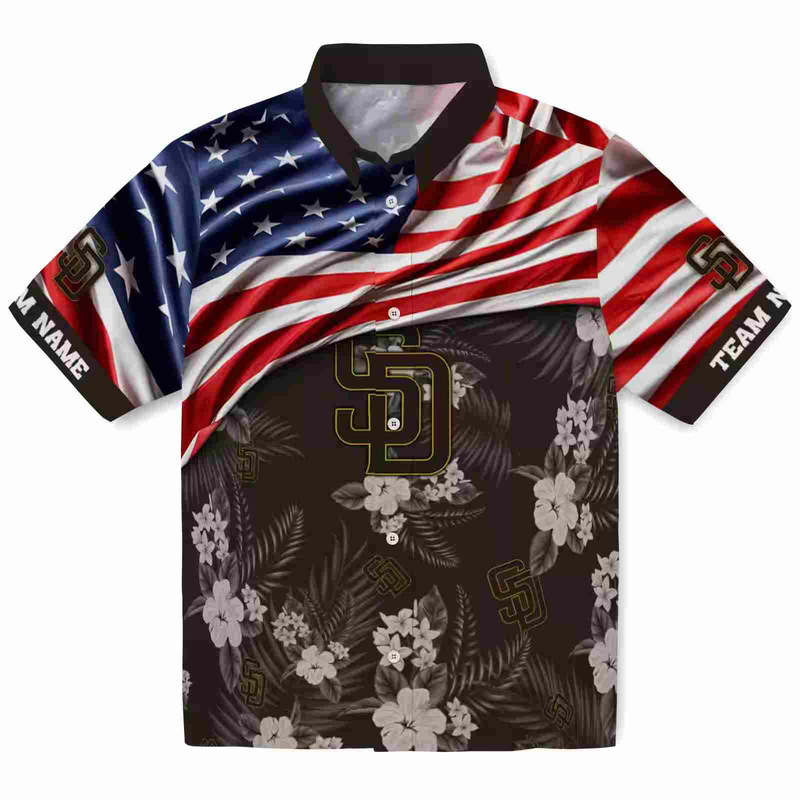 Personalized San Diego Padres US Flag Hibiscus Brown Hawaiian Shirt