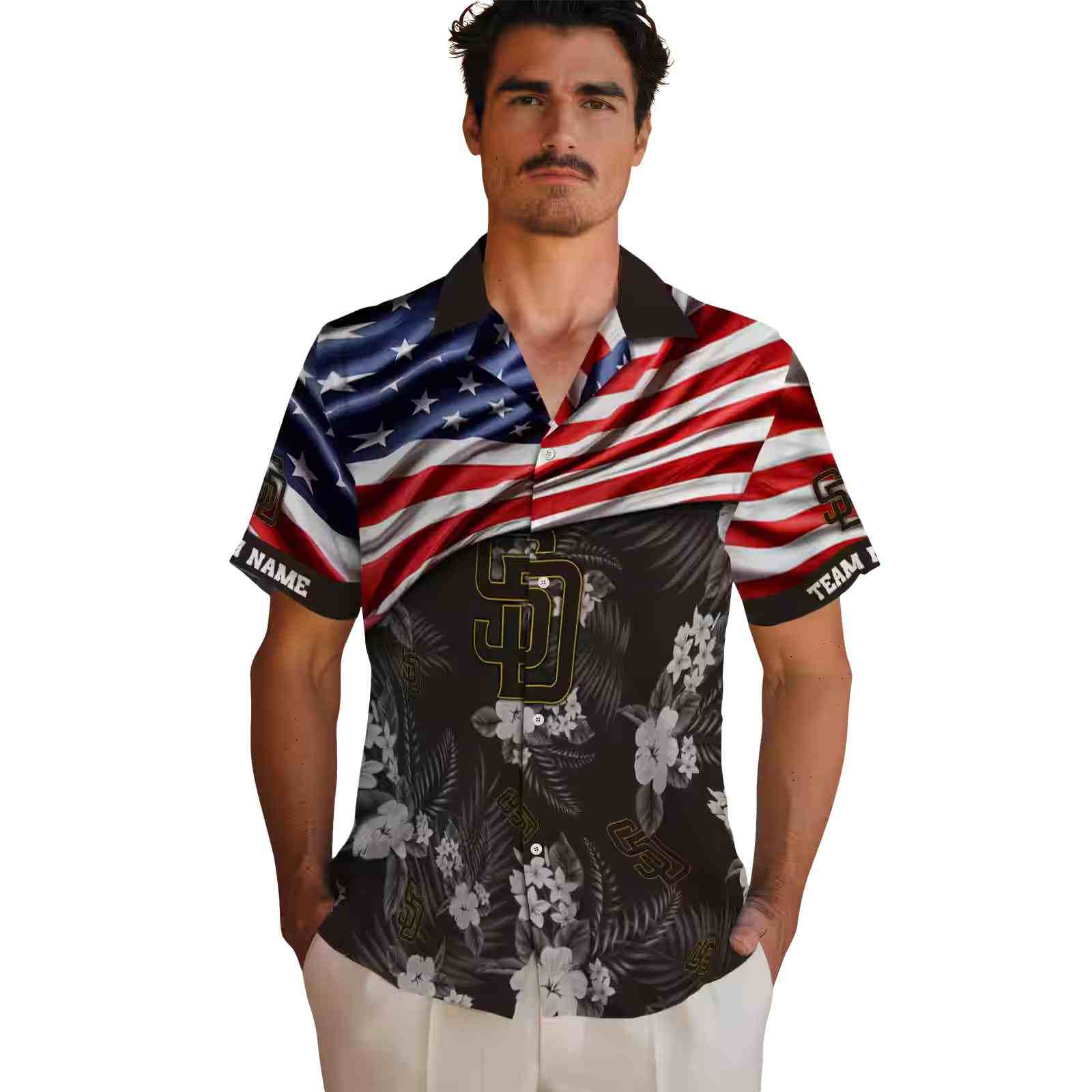 personalized san diego padres us flag hibiscus brown hawaiian shirt fashion forward