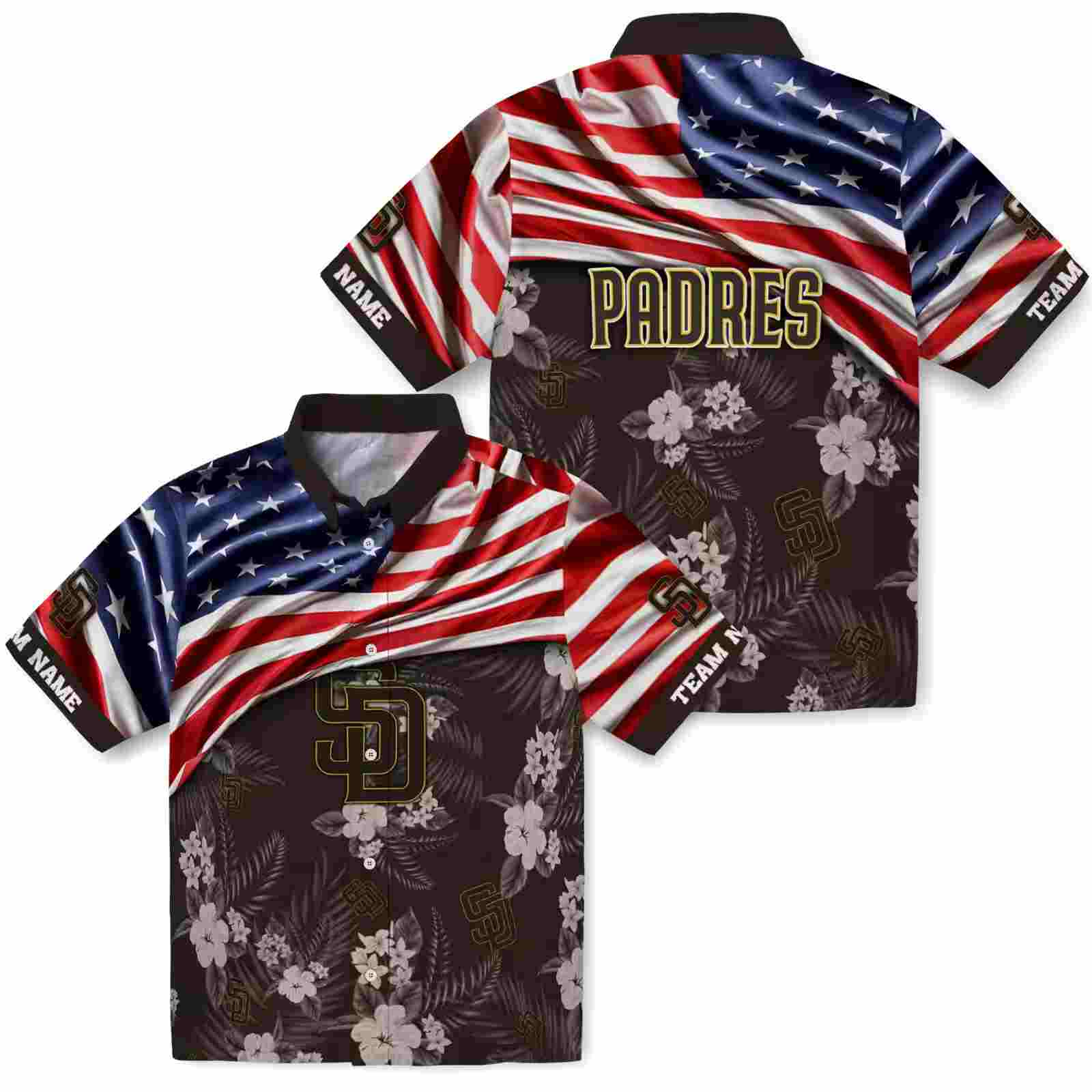 personalized san diego padres us flag hibiscus brown hawaiian shirt high quality