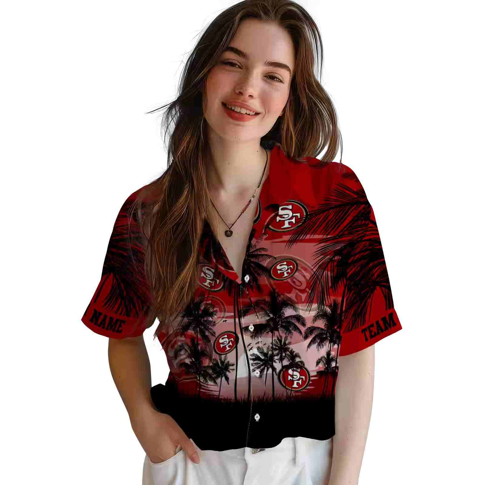 personalized san francisco 49ers sunset scene red black hawaiian shirt latest model