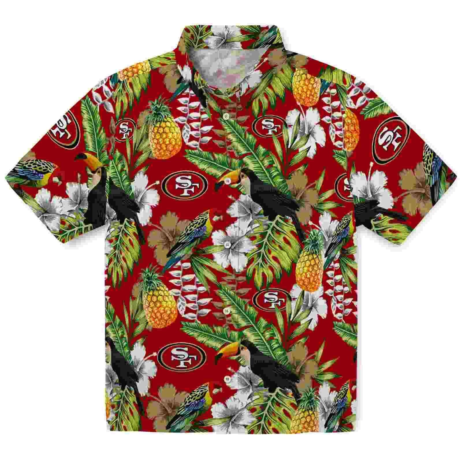 Personalized San Francisco 49ers Tropical Toucan Red Green Hawaiian Shirt