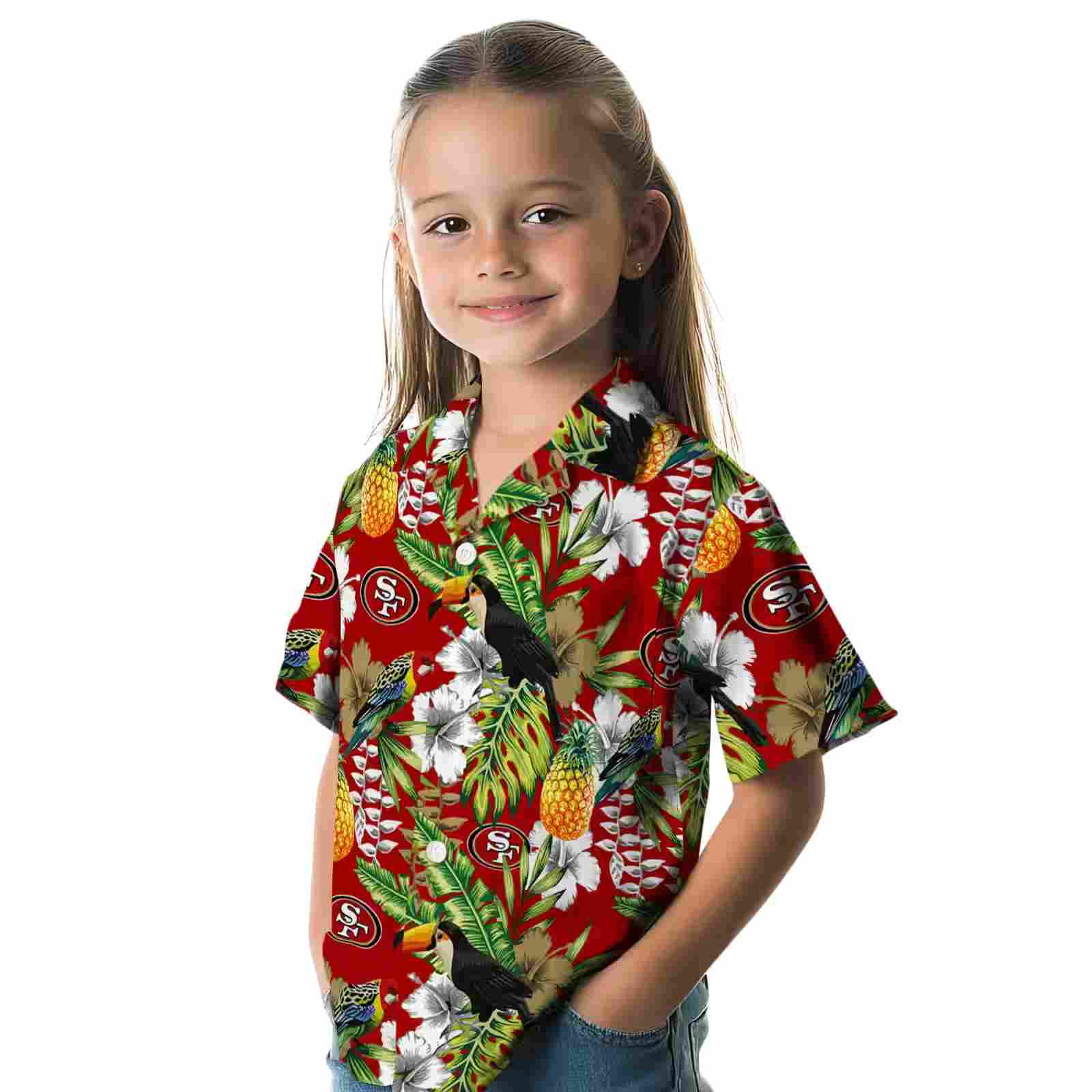 personalized san francisco 49ers tropical toucan red green hawaiian shirt premium grade