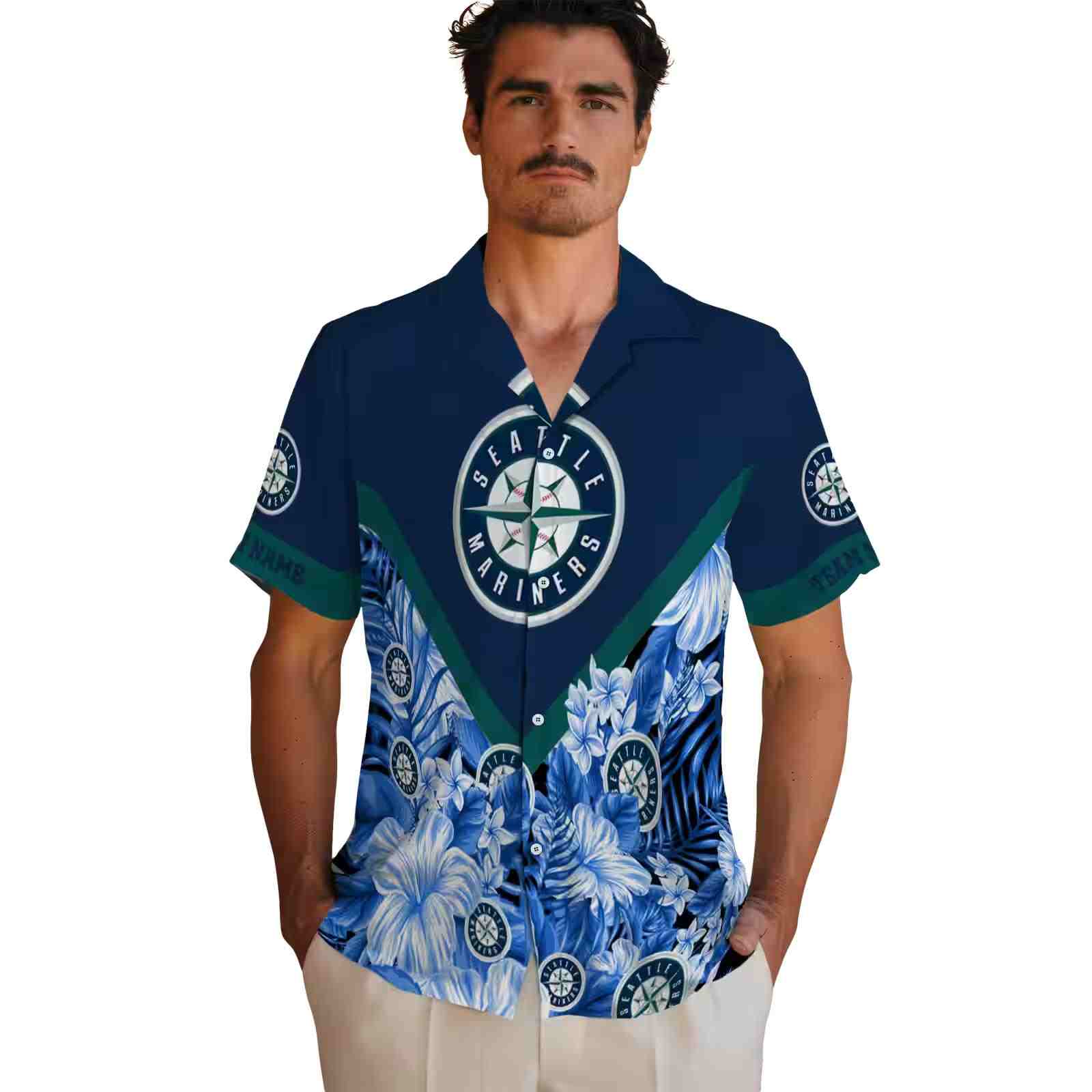 personalized seattle mariners floral chevron navy blue hawaiian shirt fashion forward