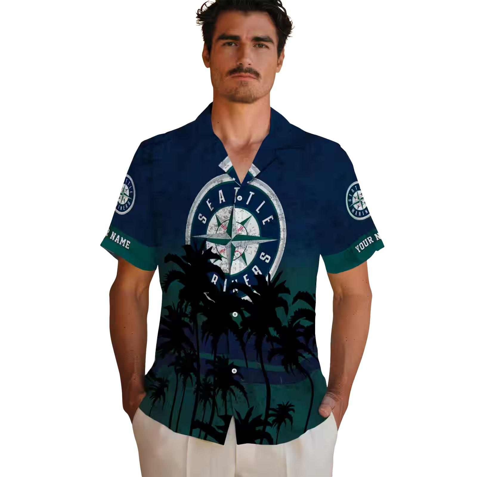 personalized seattle mariners sunset pattern navy blue black hawaiian shirt fashion forward