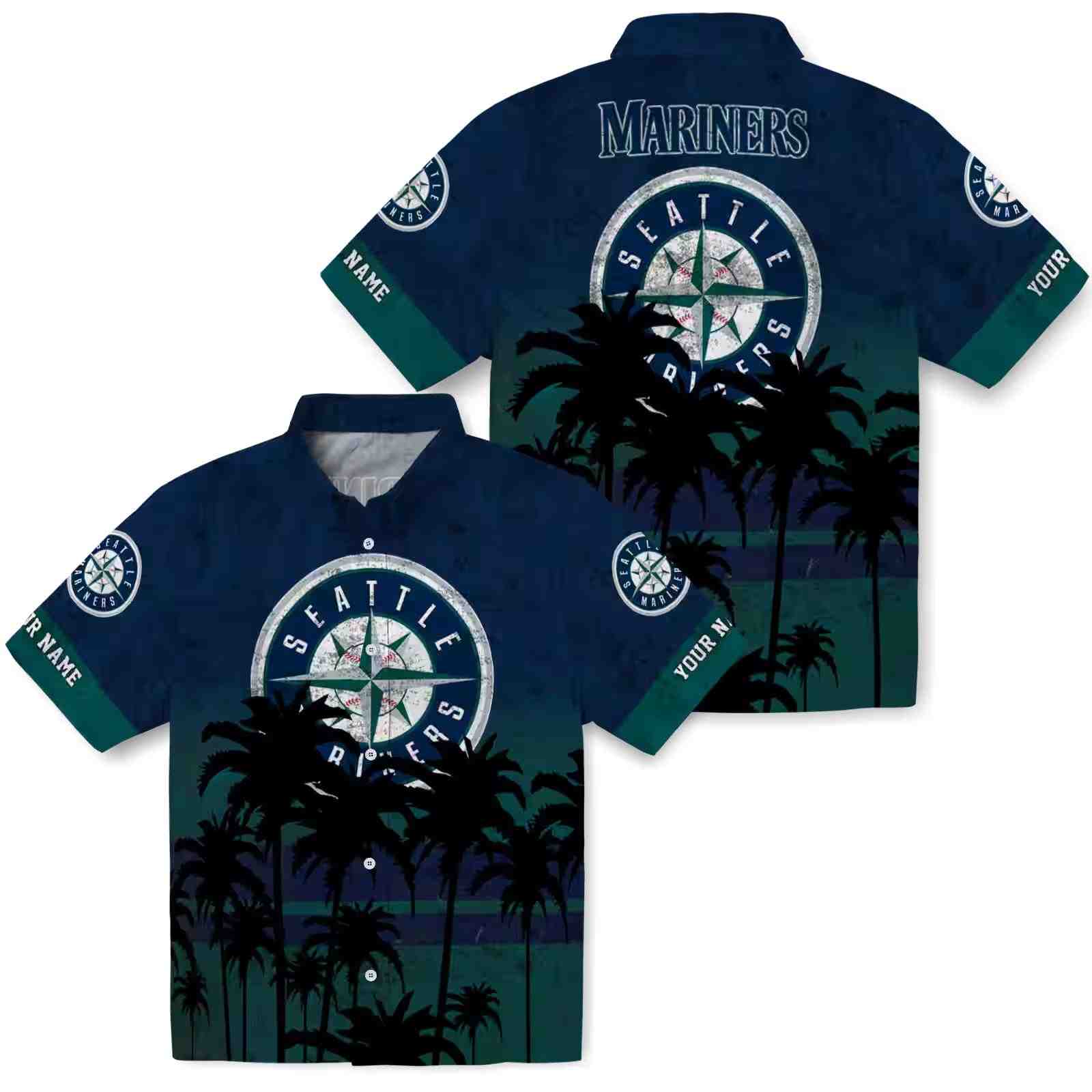 personalized seattle mariners sunset pattern navy blue black hawaiian shirt high quality