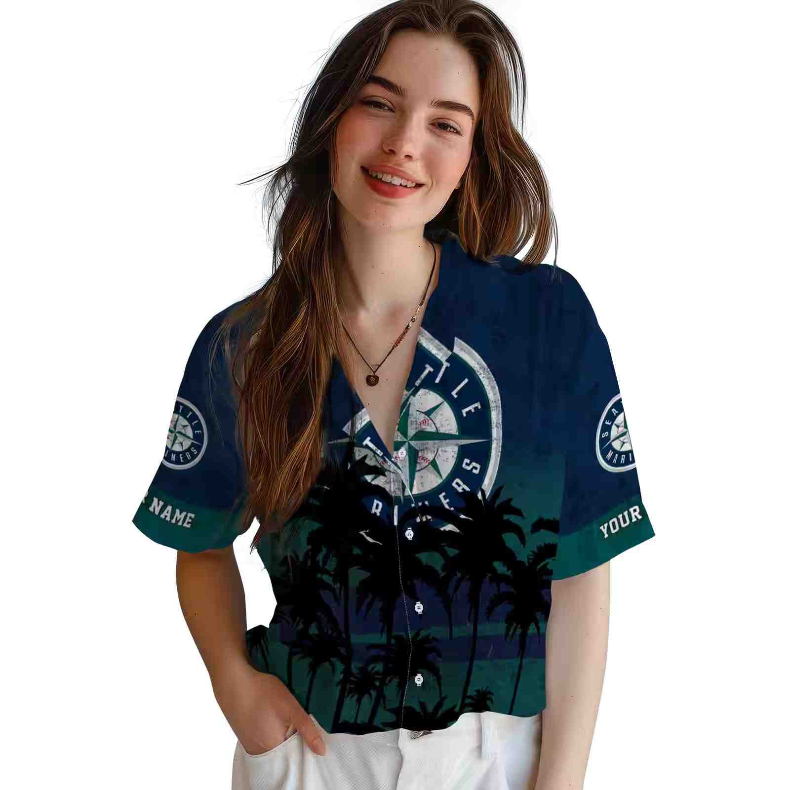 personalized seattle mariners sunset pattern navy blue black hawaiian shirt latest model