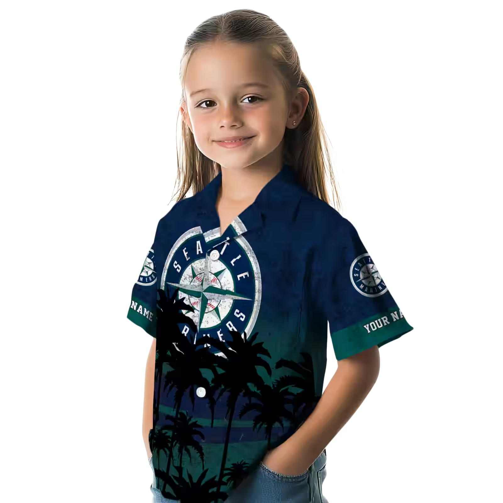 personalized seattle mariners sunset pattern navy blue black hawaiian shirt premium grade