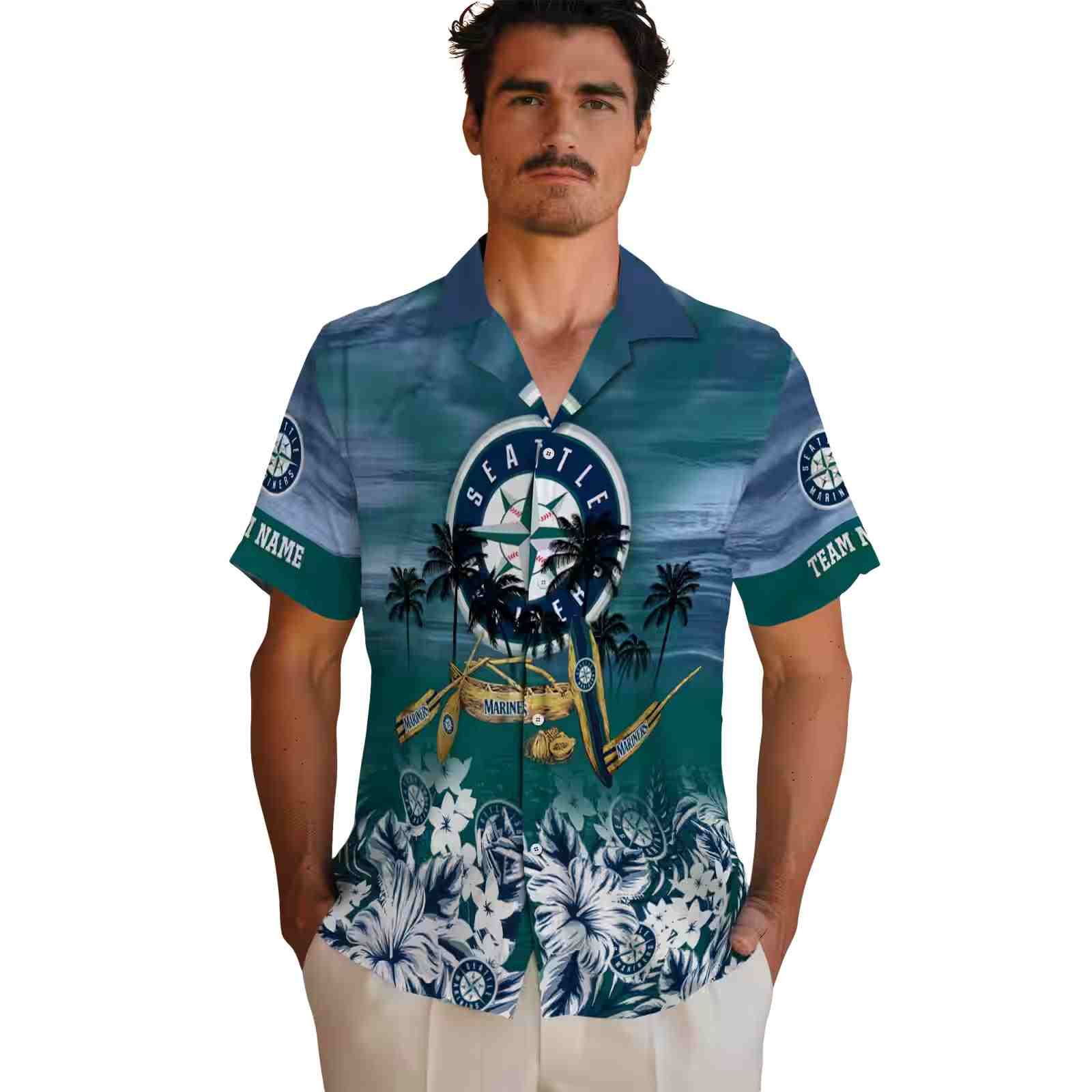 personalized seattle mariners tropical canoe navy blue hawaiian shirt fashion forward