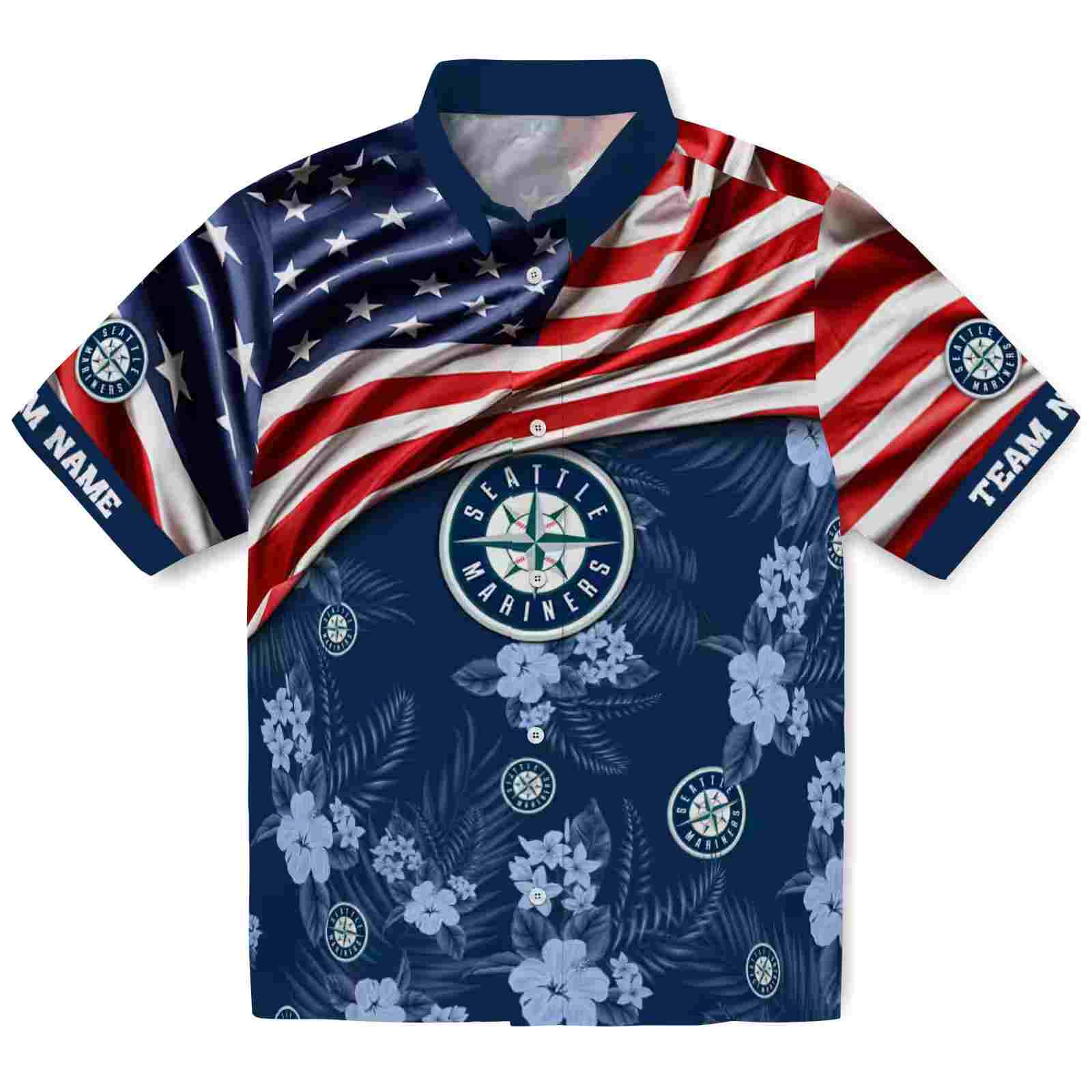 Personalized Seattle Mariners US Flag Hibiscus Navy Blue Hawaiian Shirt