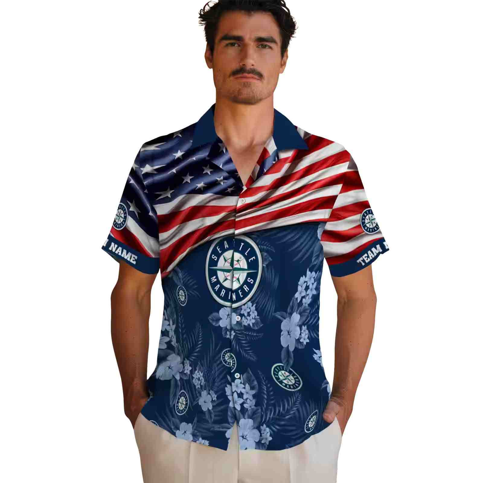 personalized seattle mariners us flag hibiscus navy blue hawaiian shirt fashion forward